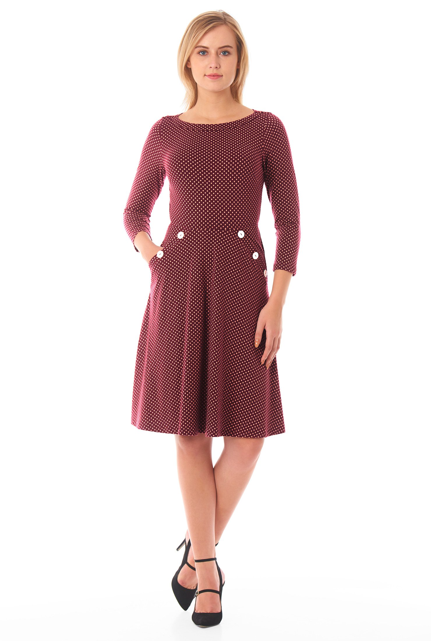 Shop Dot print large button cotton knit dress | eShakti
