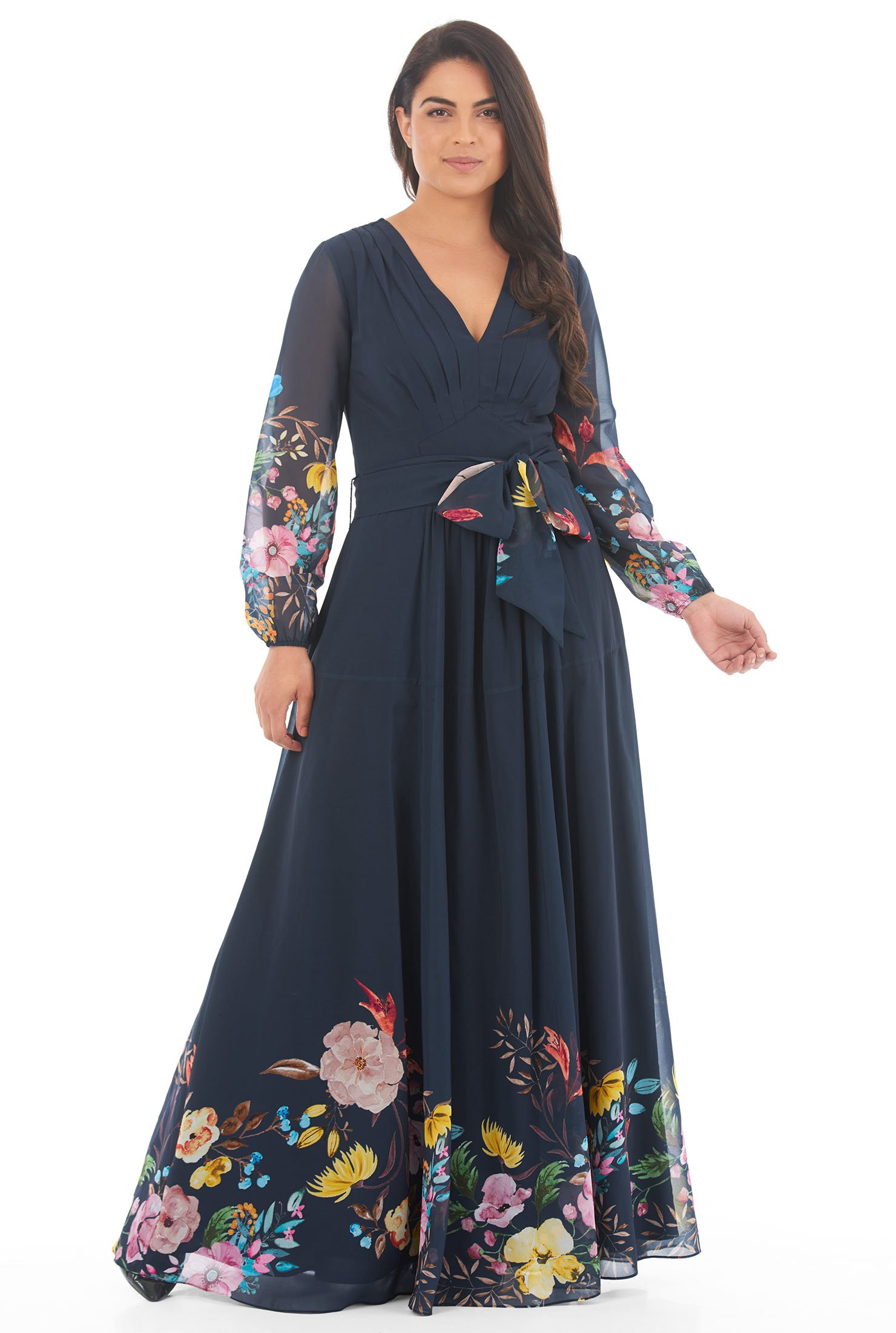 Shop Feminine pleated floral print georgette maxi dress | eShakti