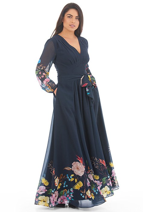 Shop Feminine Pleated Floral Print Georgette Maxi Dress Eshakti