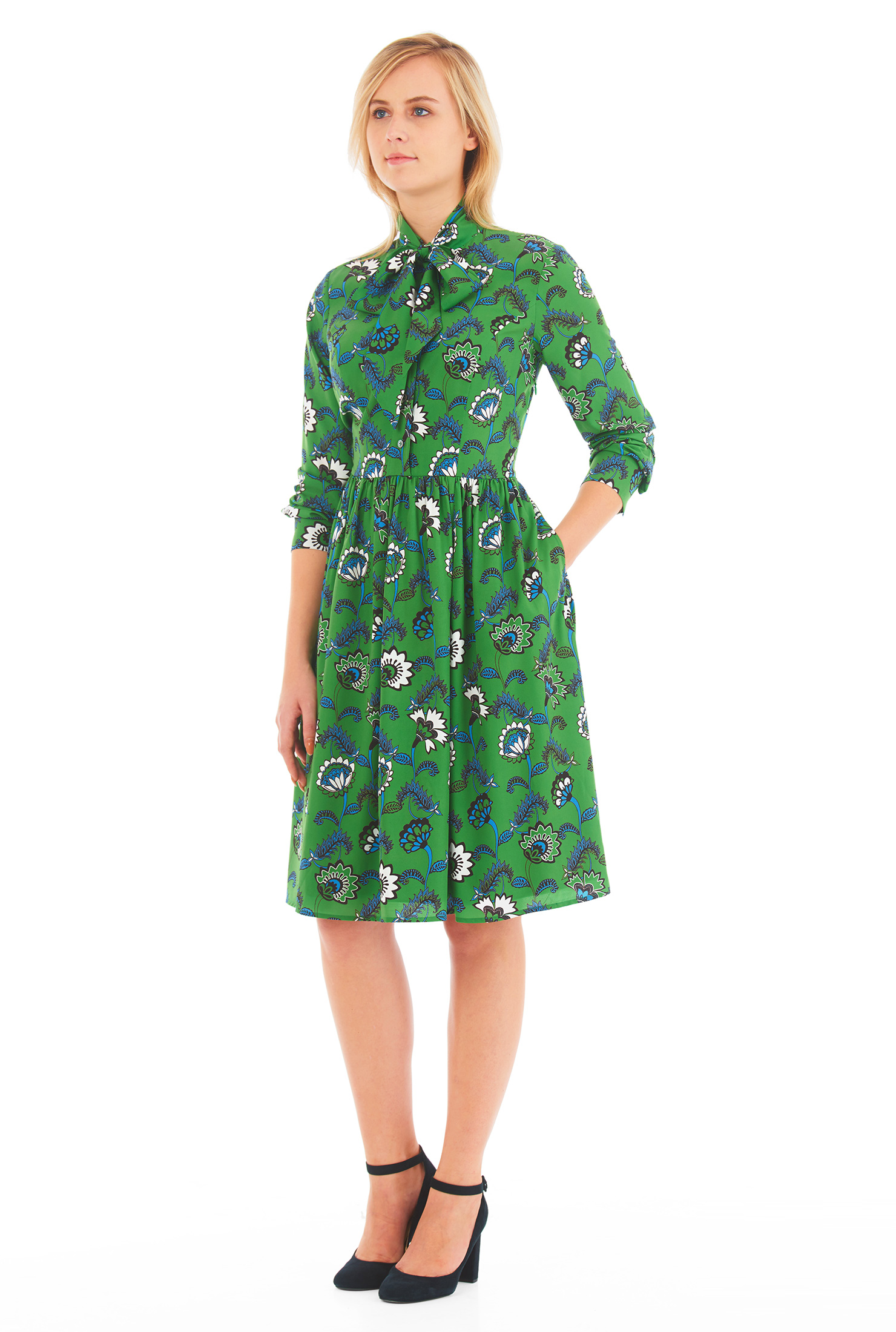 Shop Tie neck floral print crepe dress eShakti