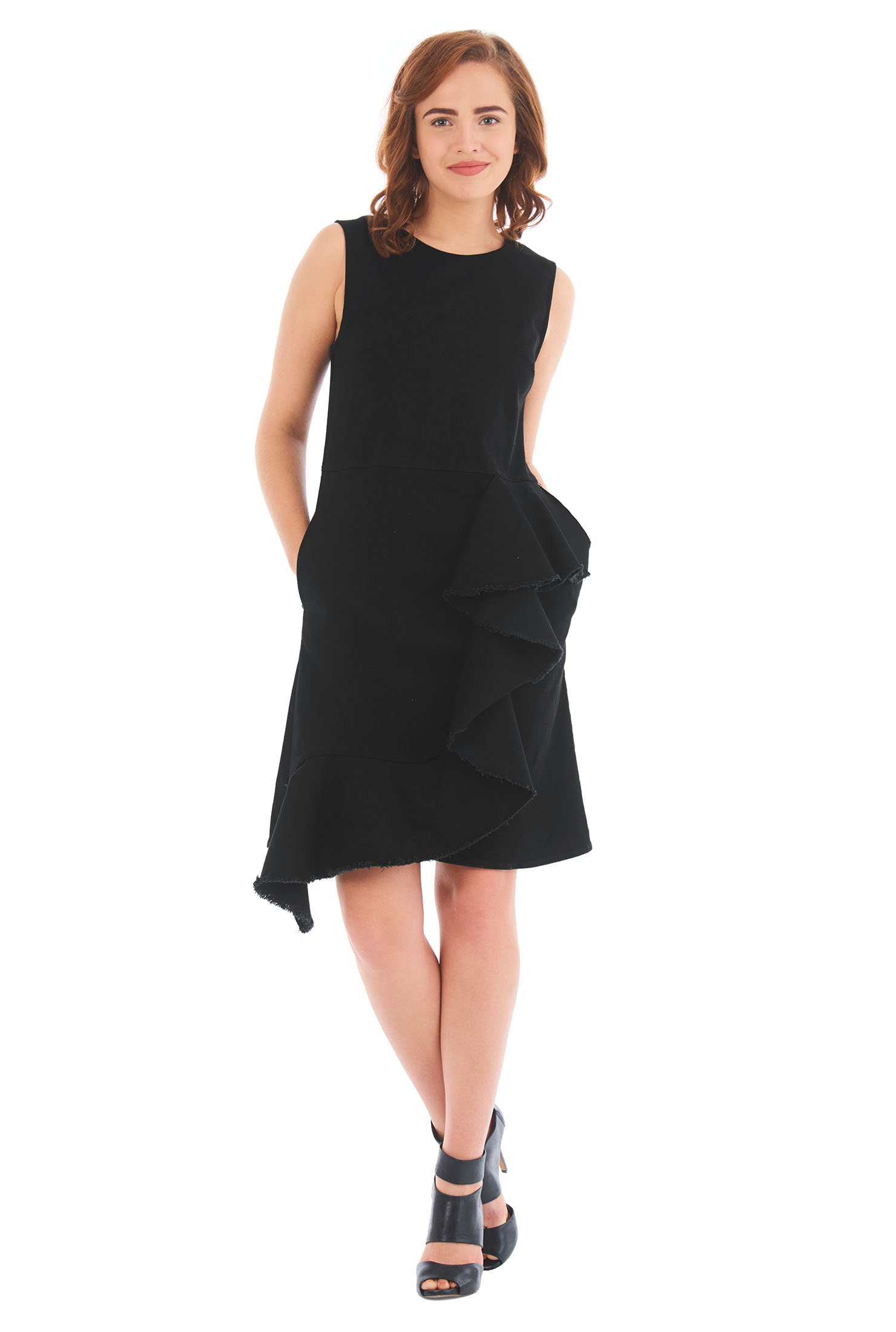 Shop Asymmetric frayed ruffle black denim dress | eShakti