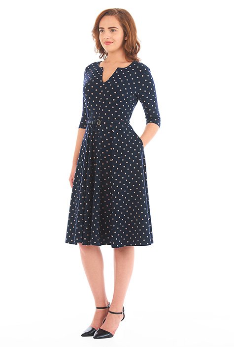 Shop Polka dot print cotton knit belted dress | eShakti