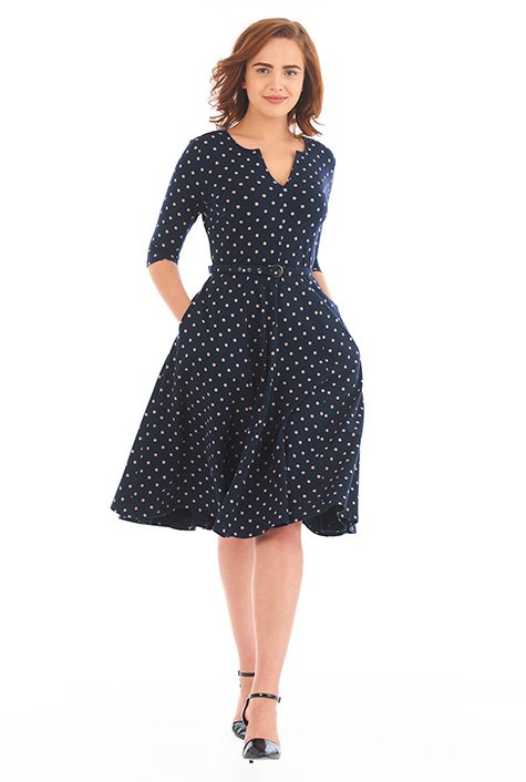 Shop Polka dot print cotton knit belted dress | eShakti