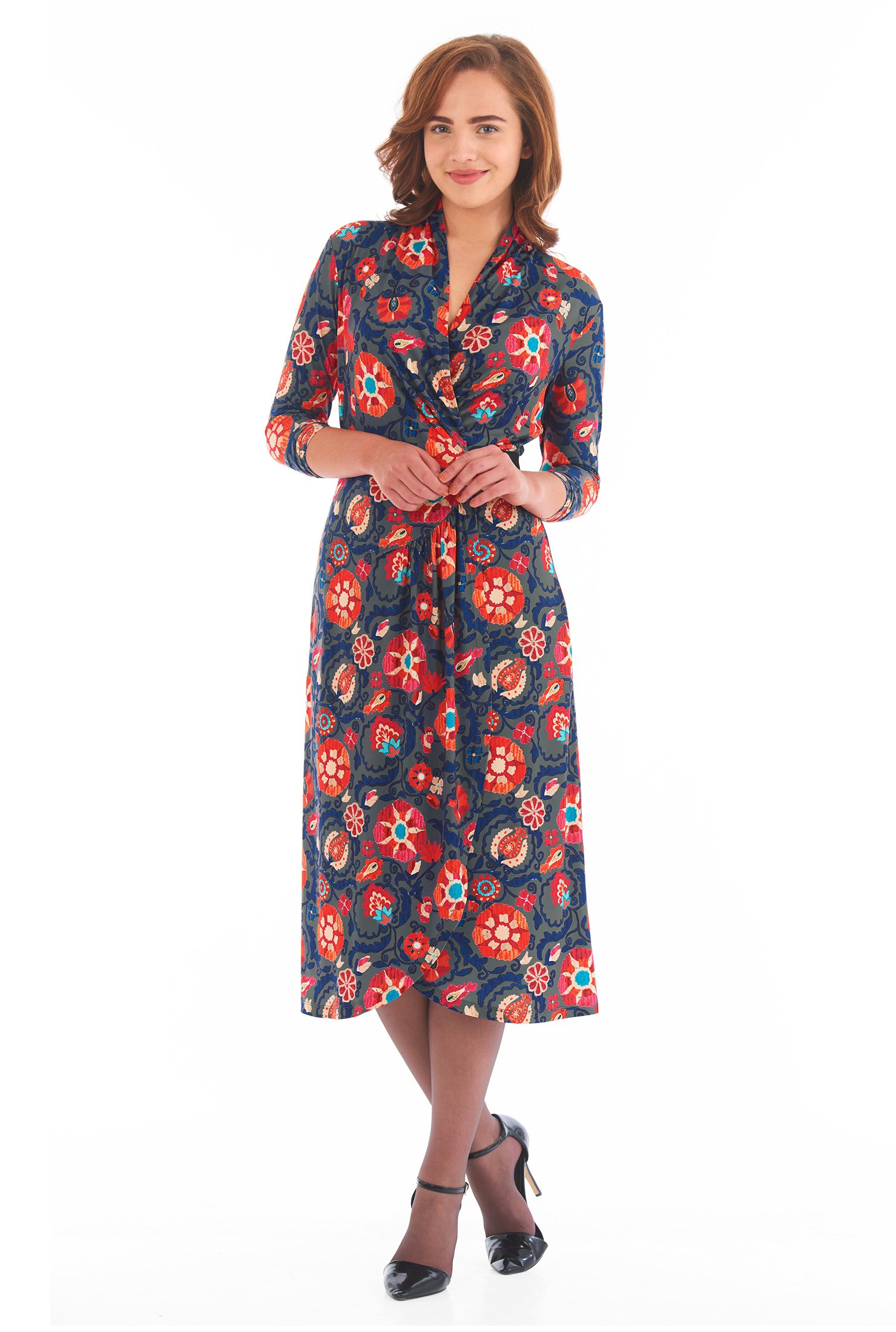 Shop Floral print jersey knit elastic waist wrap dress | eShakti