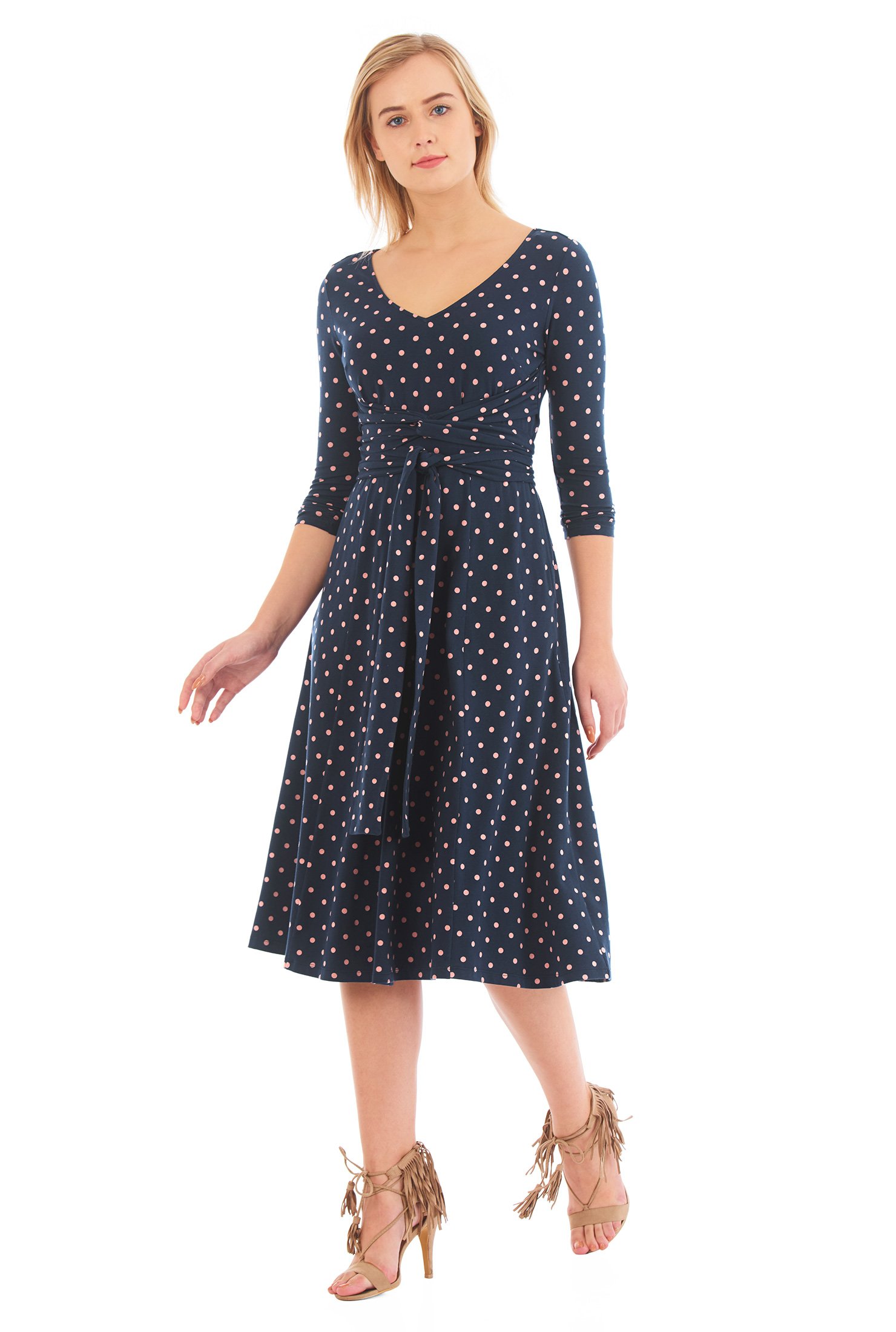 Shop Knot front polka dot print cotton knit empire dress | eShakti