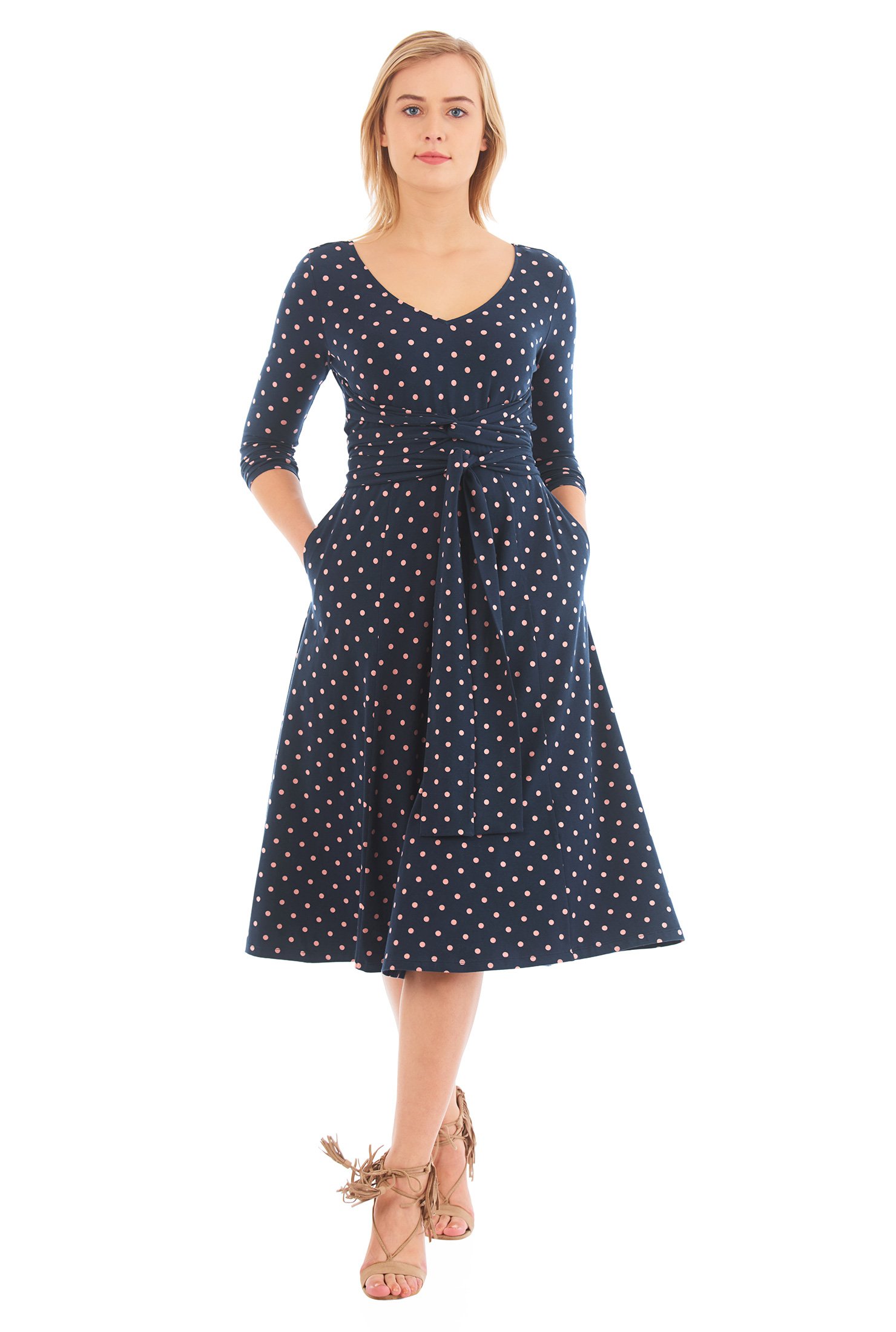 Shop Knot front polka dot print cotton knit empire dress | eShakti