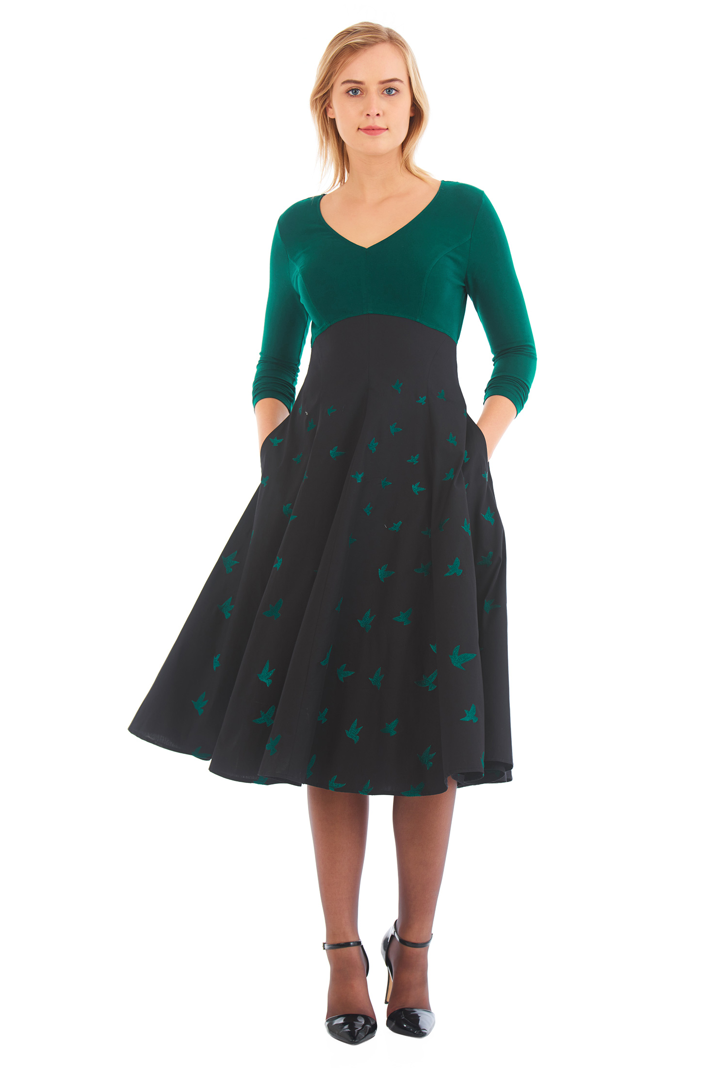 Shop Bird embellished empire mixed media dress eShakti