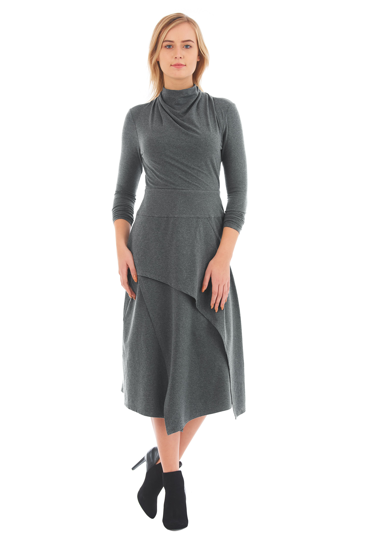 Shop High cowl neck jersey knit asymmetric layered dress | eShakti