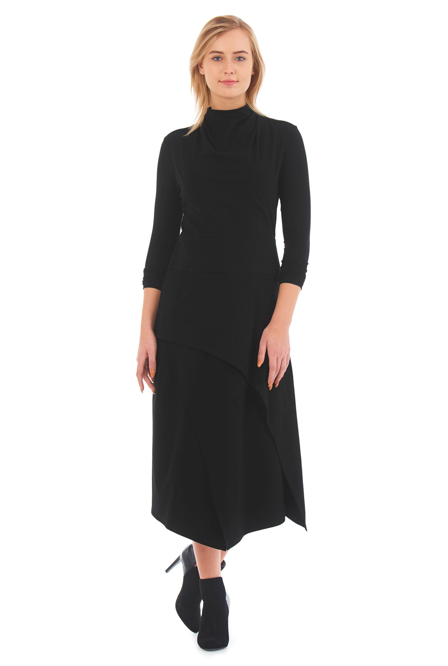 Shop High cowl neck cotton knit asymmetric layered dress | eShakti