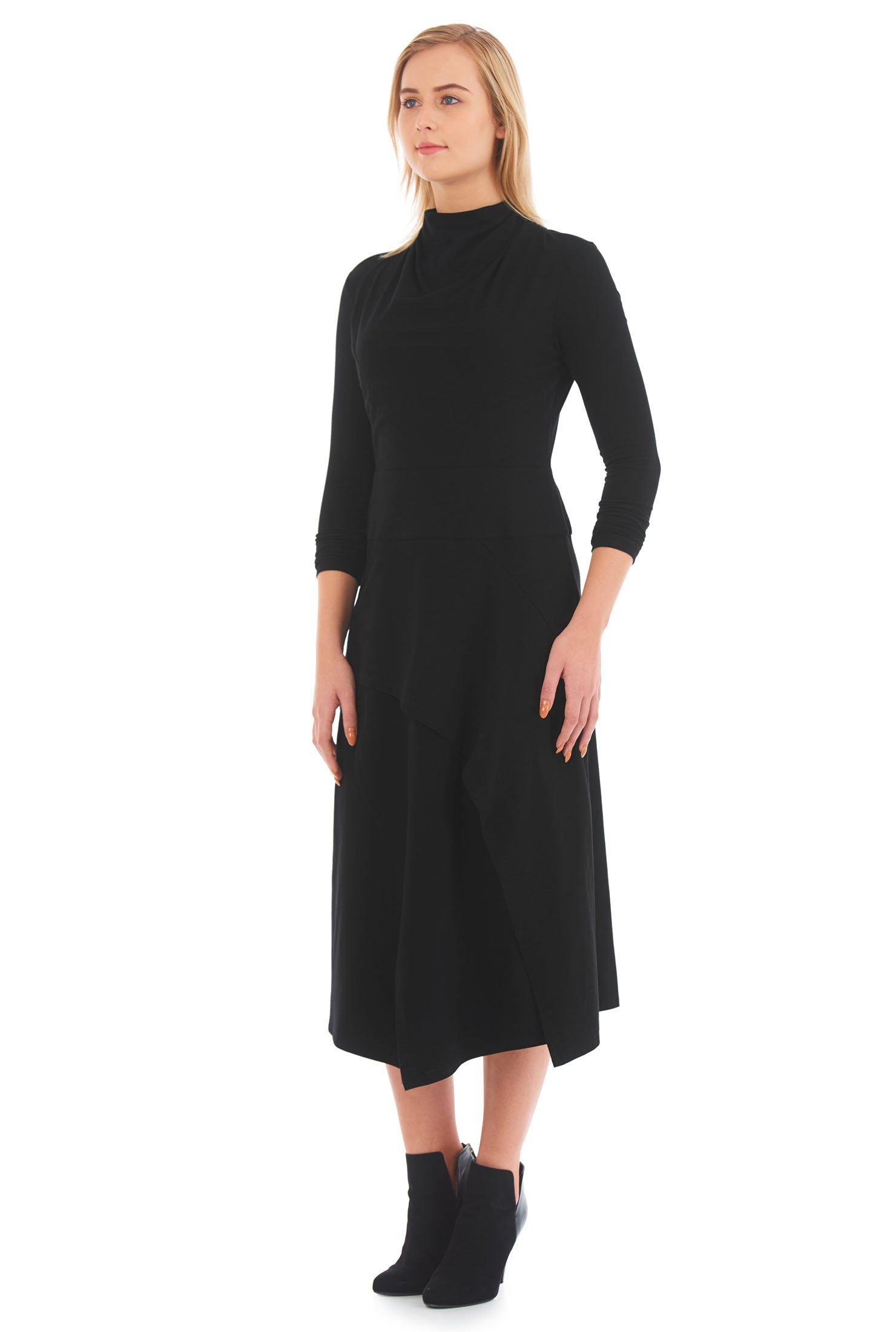 Shop High cowl neck cotton knit asymmetric layered dress | eShakti