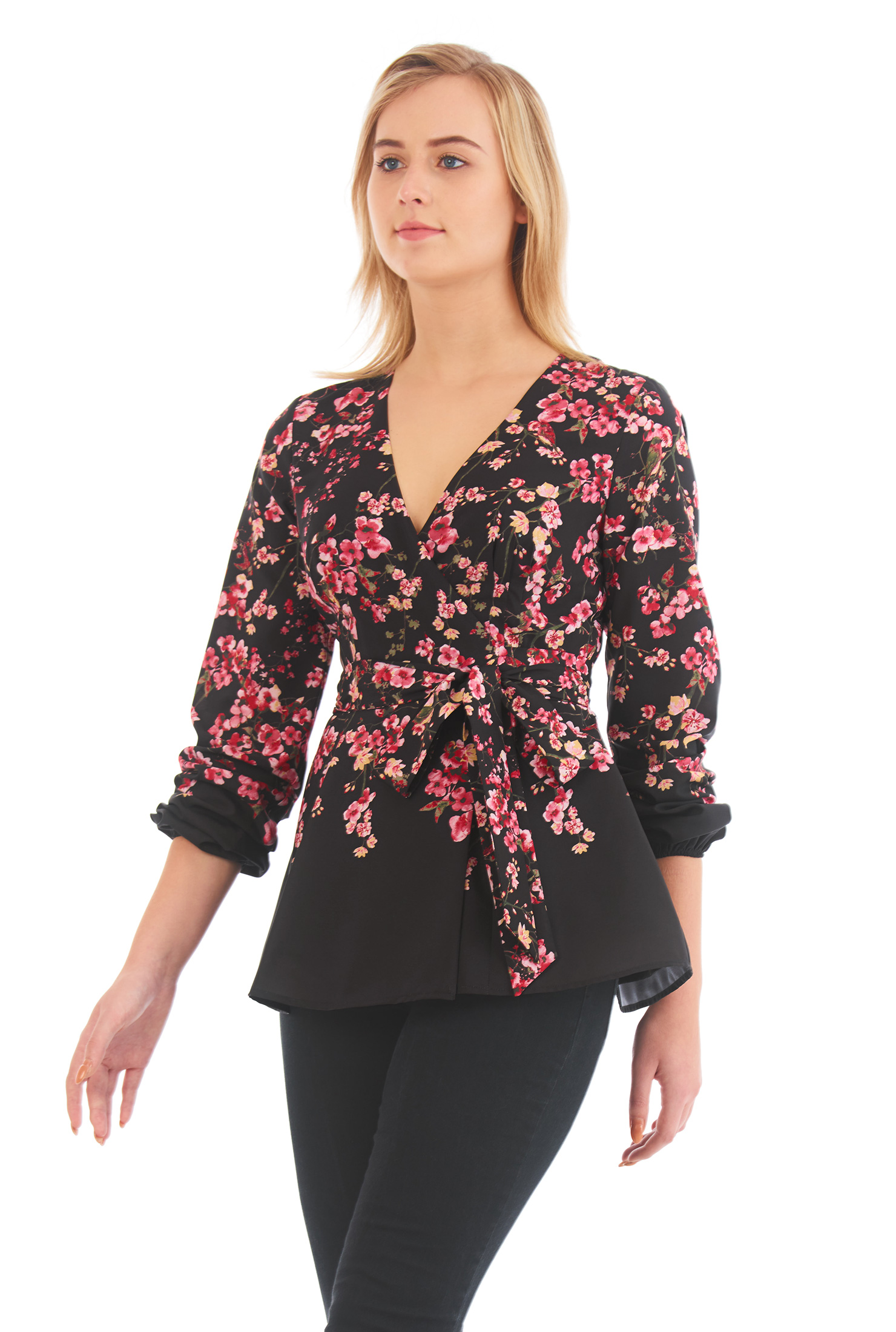 Shop Floral print crepe wrap top eShakti