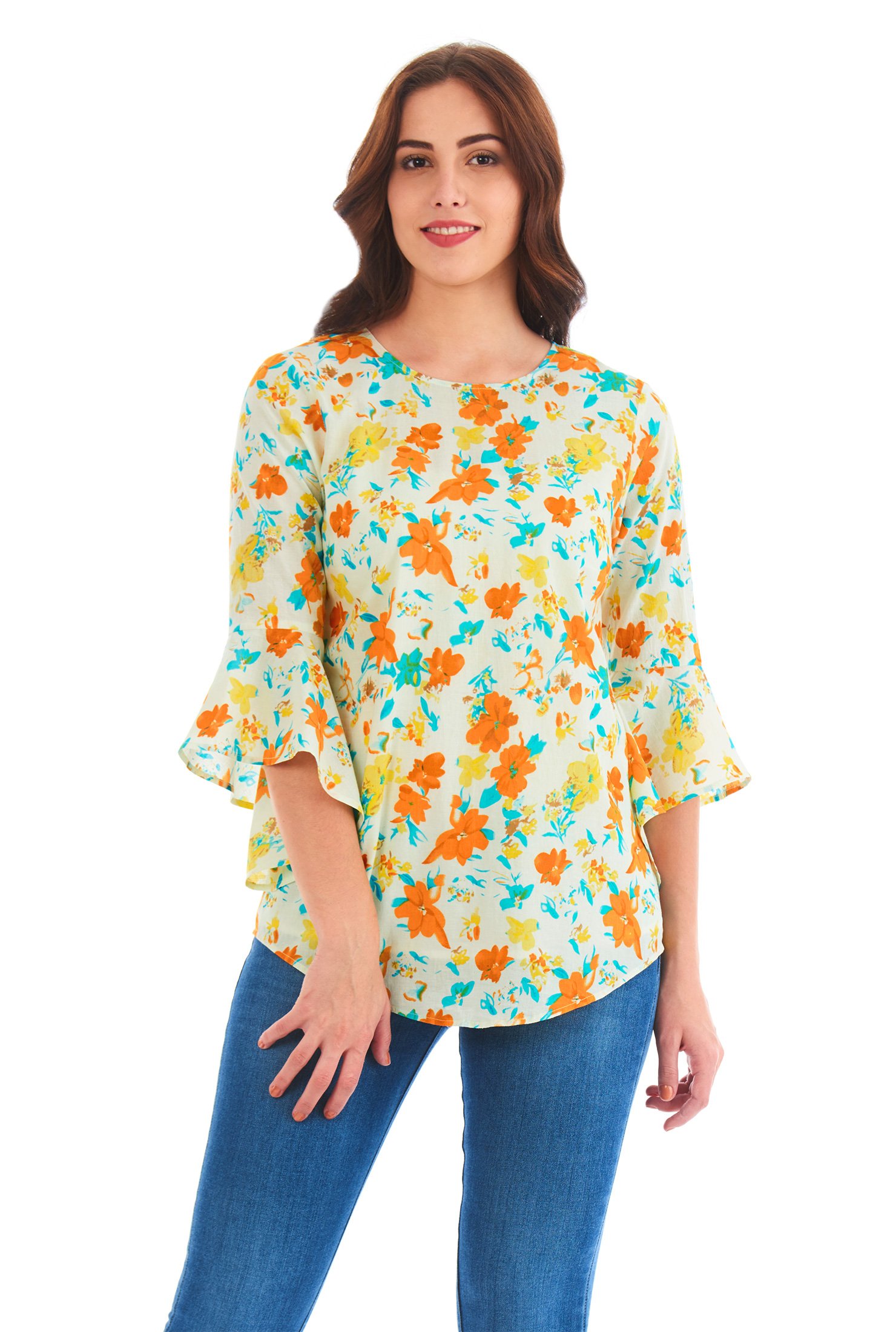 Shop Floral print cotton bell sleeve top | eShakti