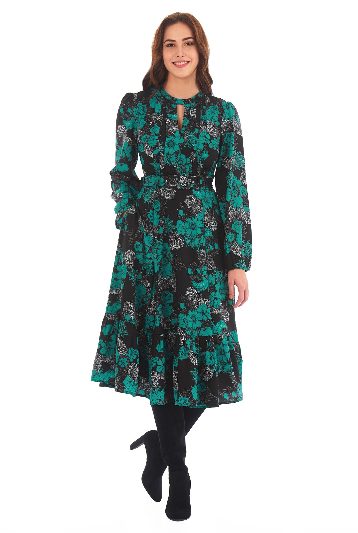 Shop Floral print crepe flounce hem dress | eShakti