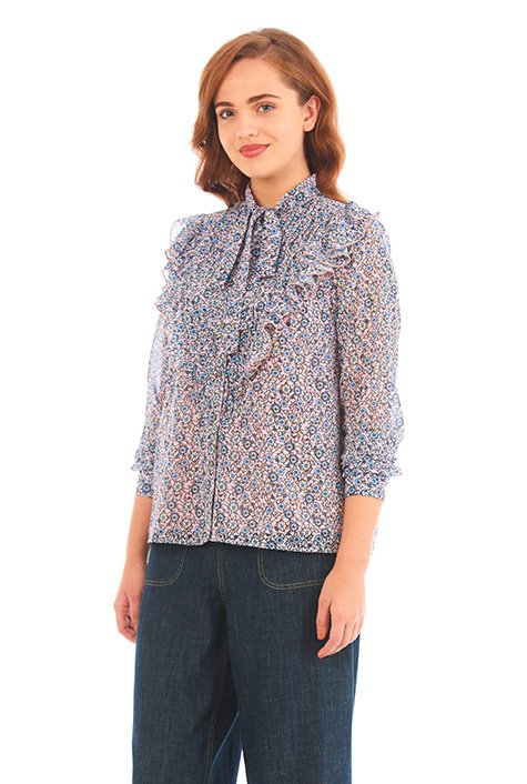 Shop Tie neck floral vine print ruffle top | eShakti