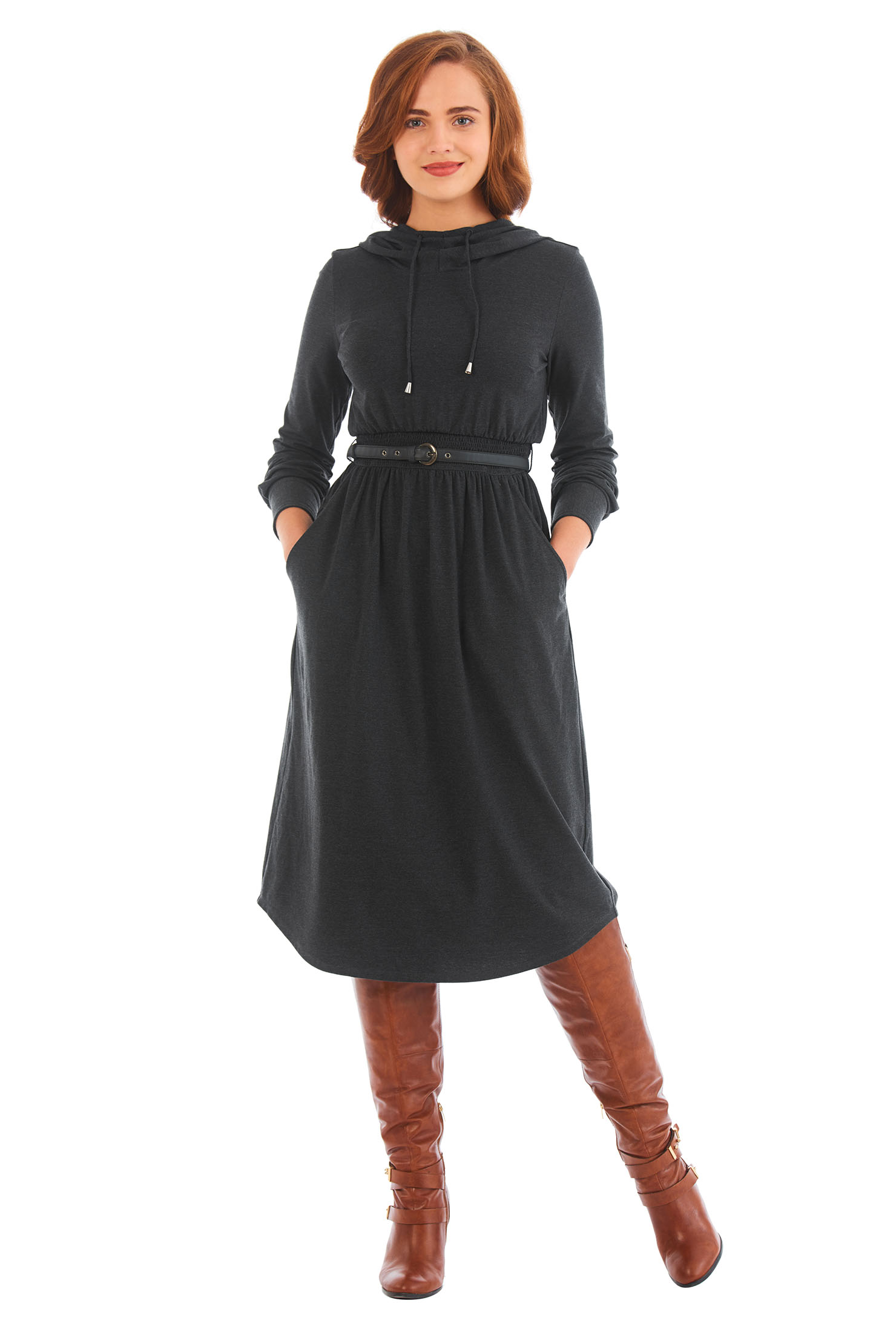 Shop Elastic waist cotton knit hoodie dress eShakti