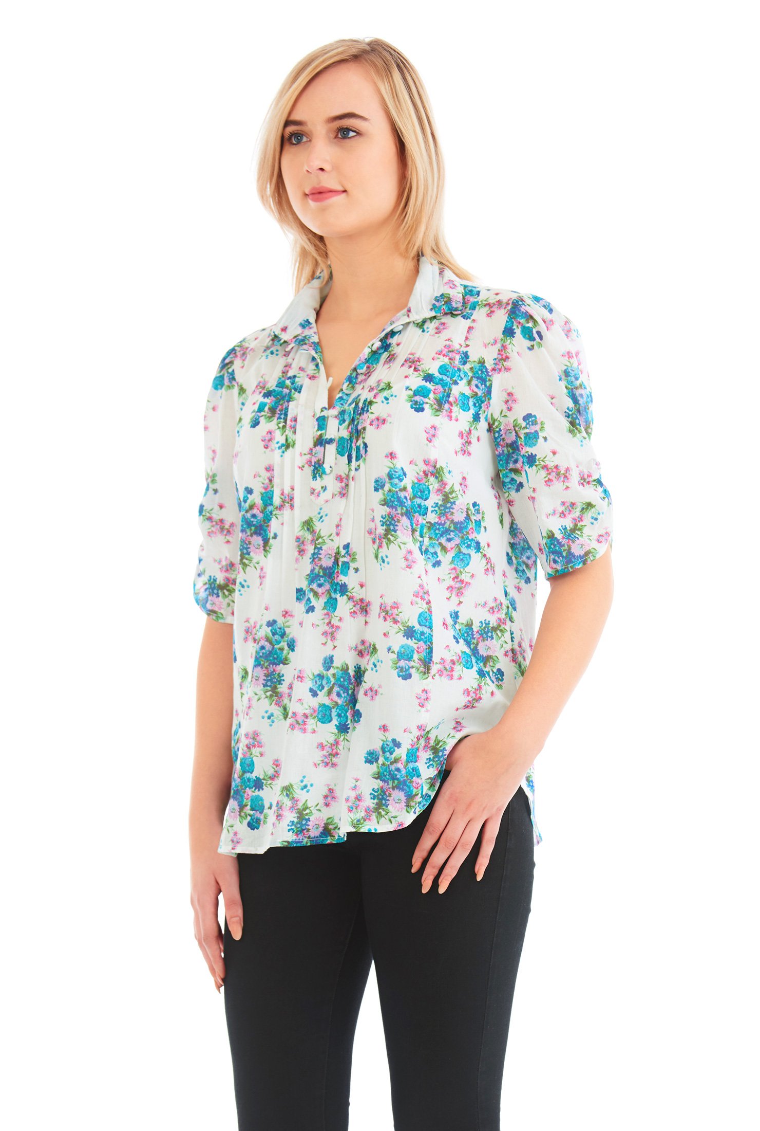 Shop Pintuck pleat floral print cotton top | eShakti