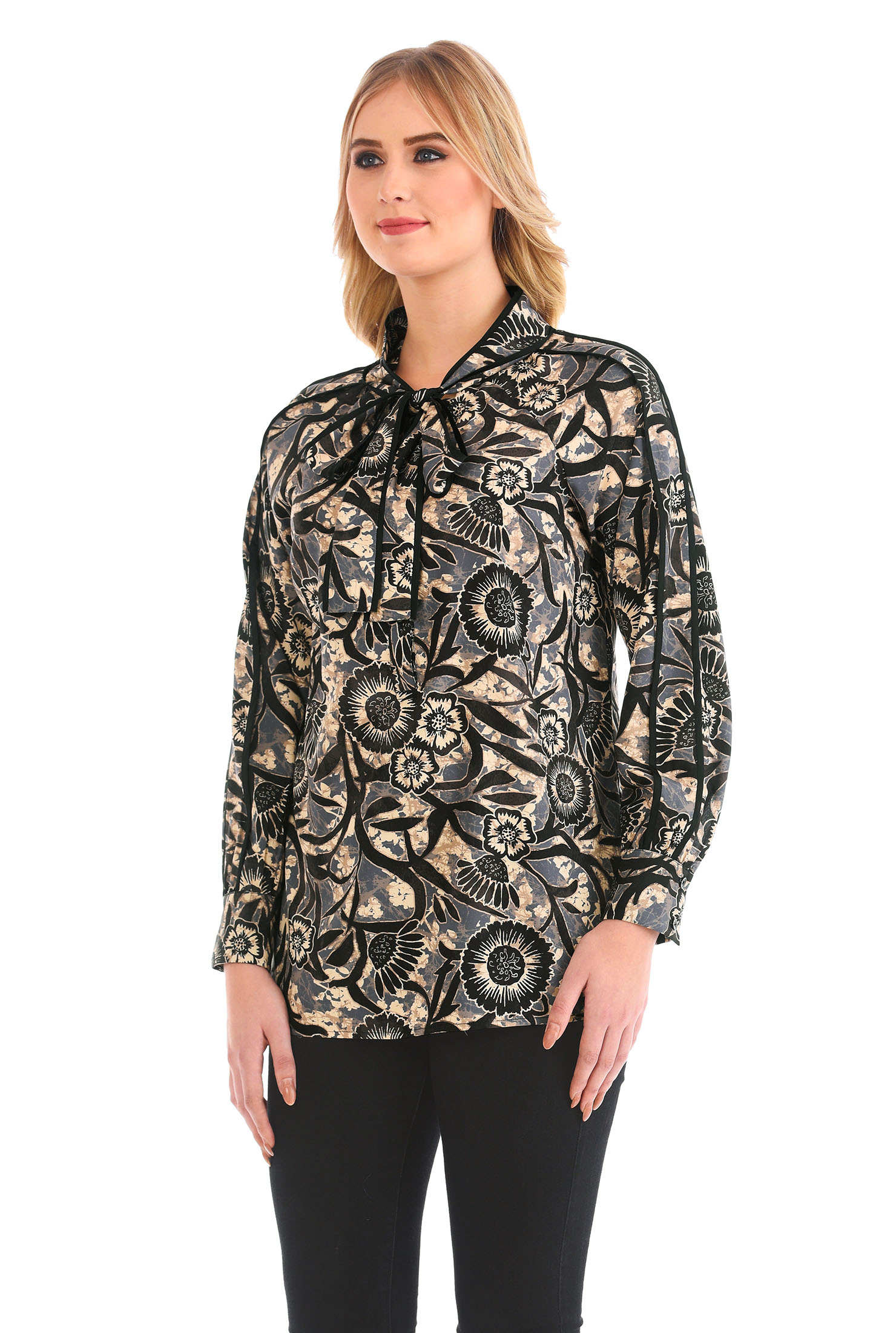 Shop Tie neck floral print crepe contrast trim blouse eShakti