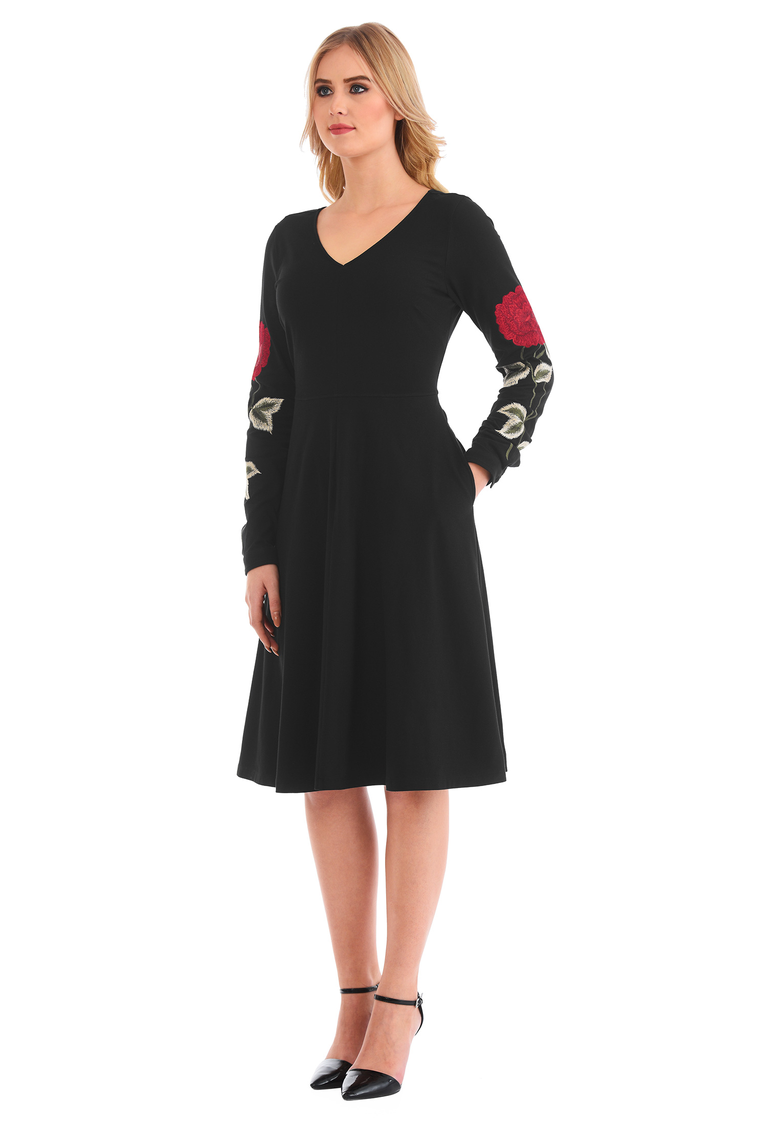 Shop Floral embellished sleeve cotton knit dress eShakti