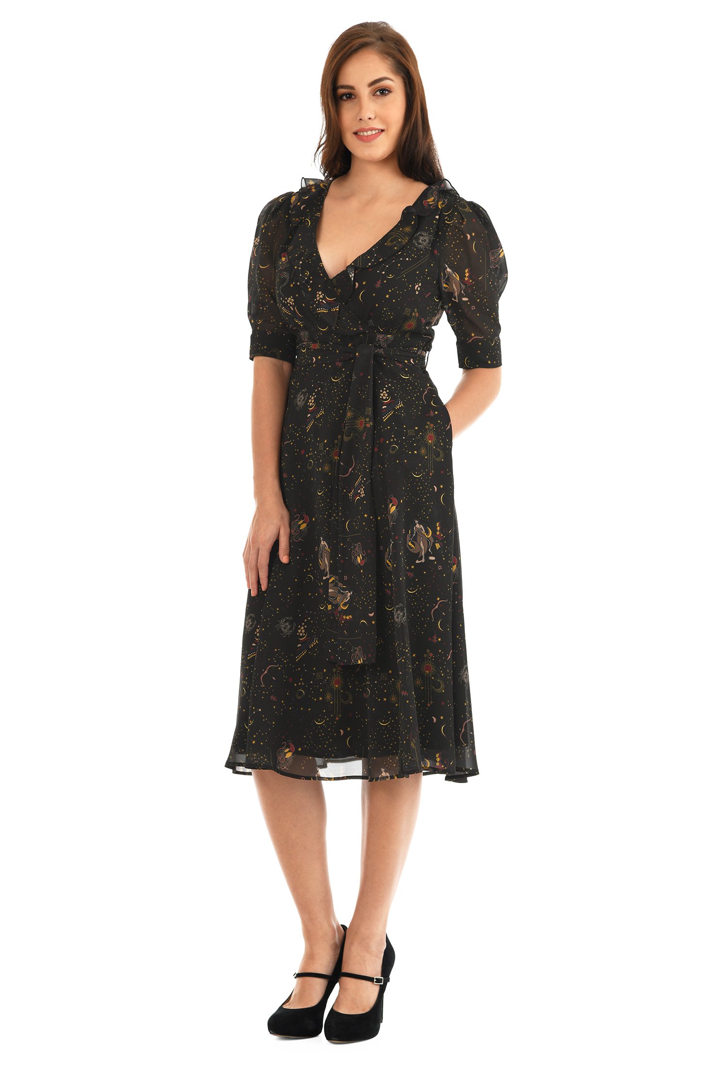 Shop Ruffle empire zodiac print georgette dress | eShakti