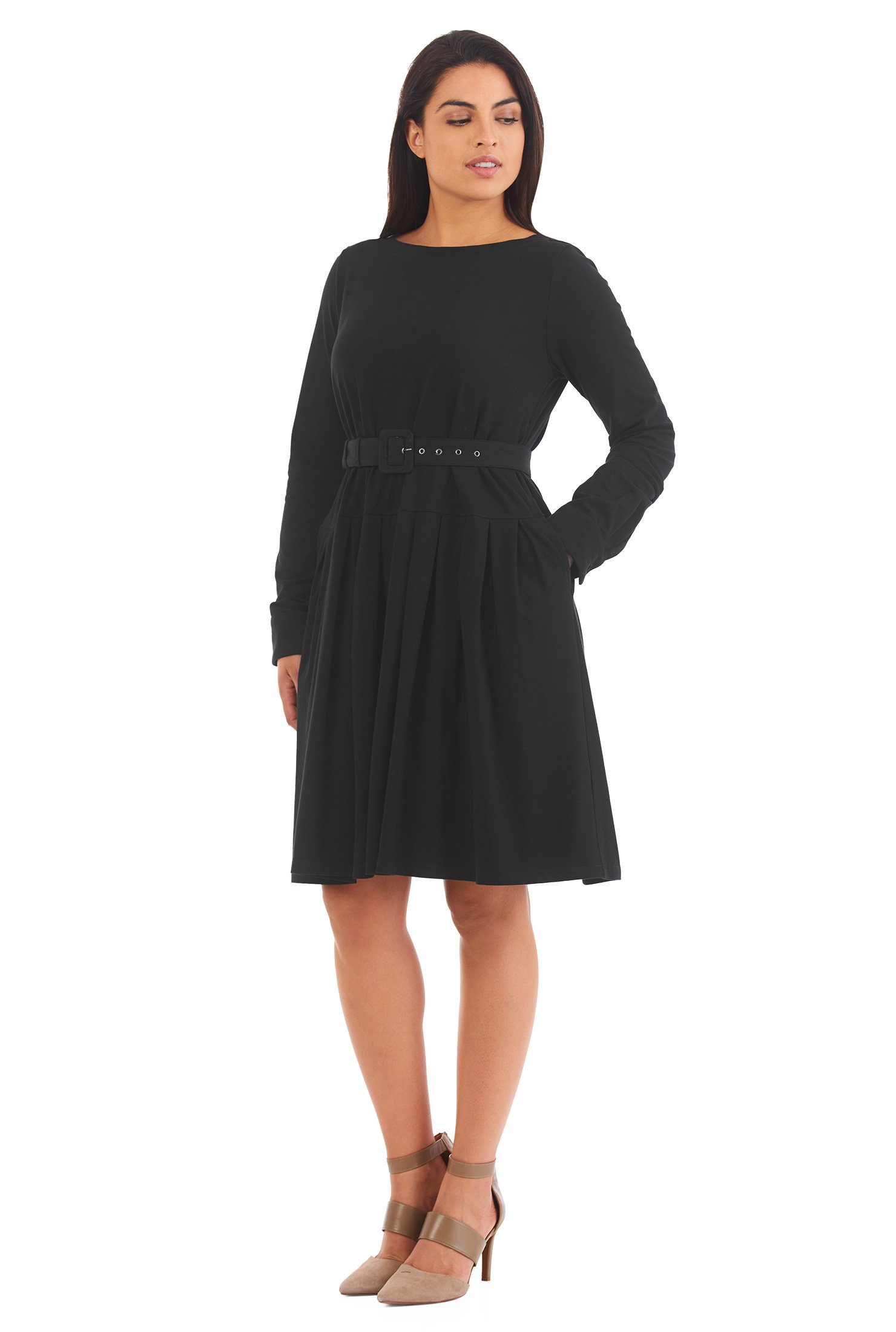 Shop Drop waist cotton knit belted dress | eShakti
