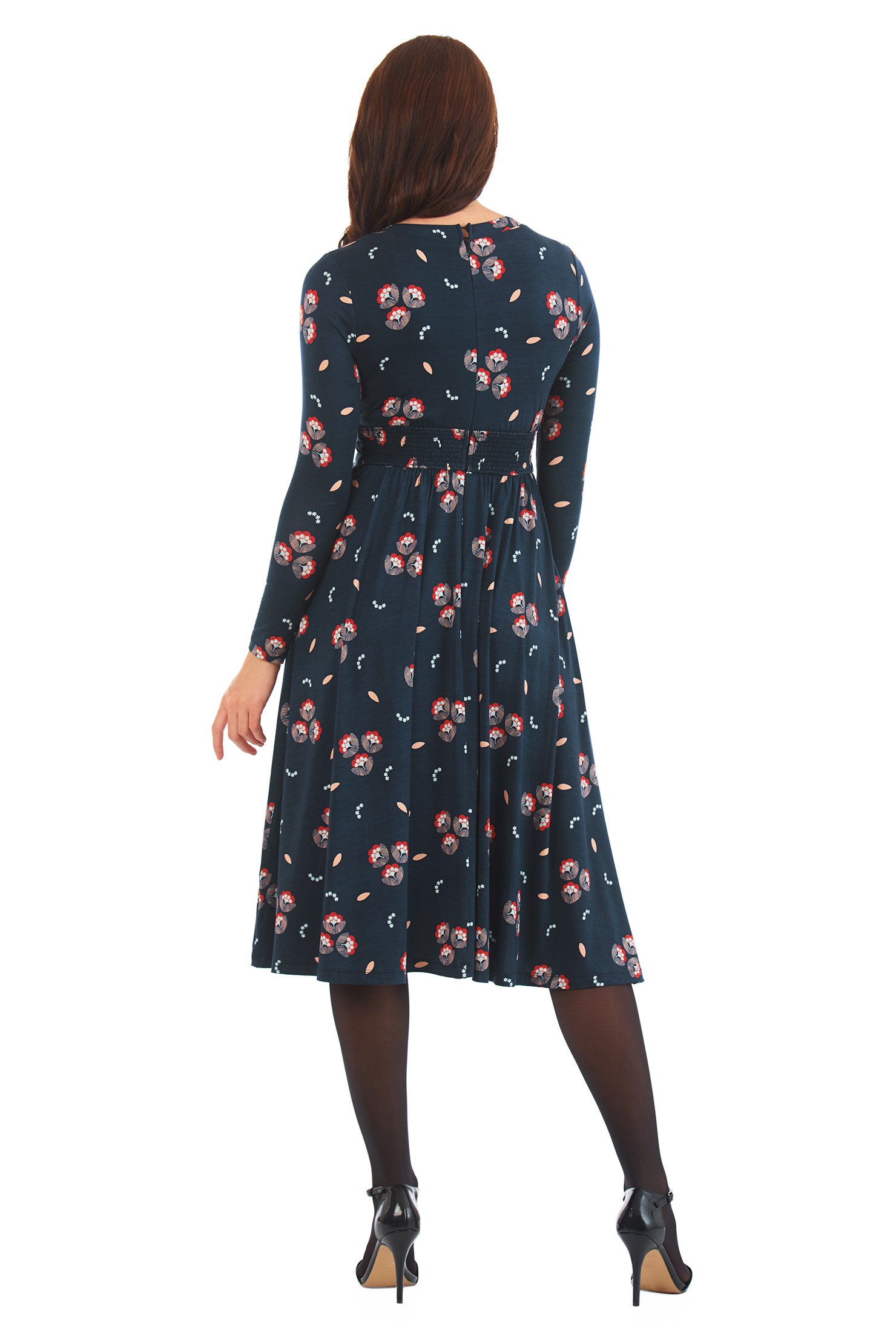 Shop Pleated empire floral print jersey knit dress | eShakti