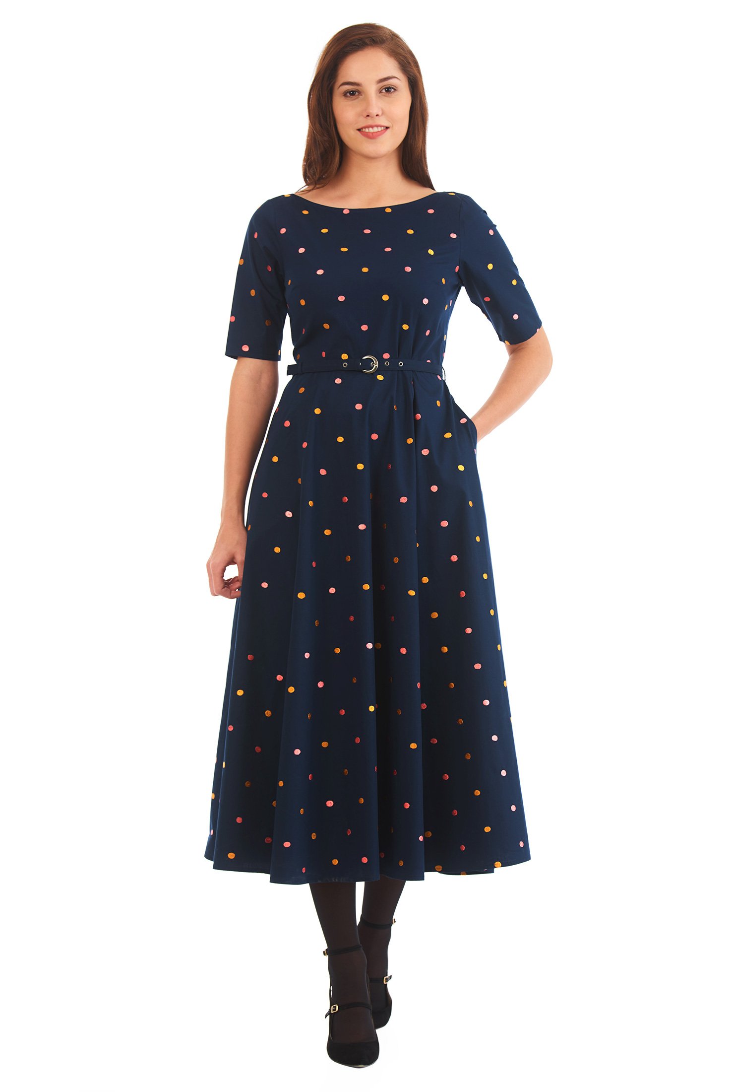 Shop Polka dot embellished cotton poplin midi dress | eShakti