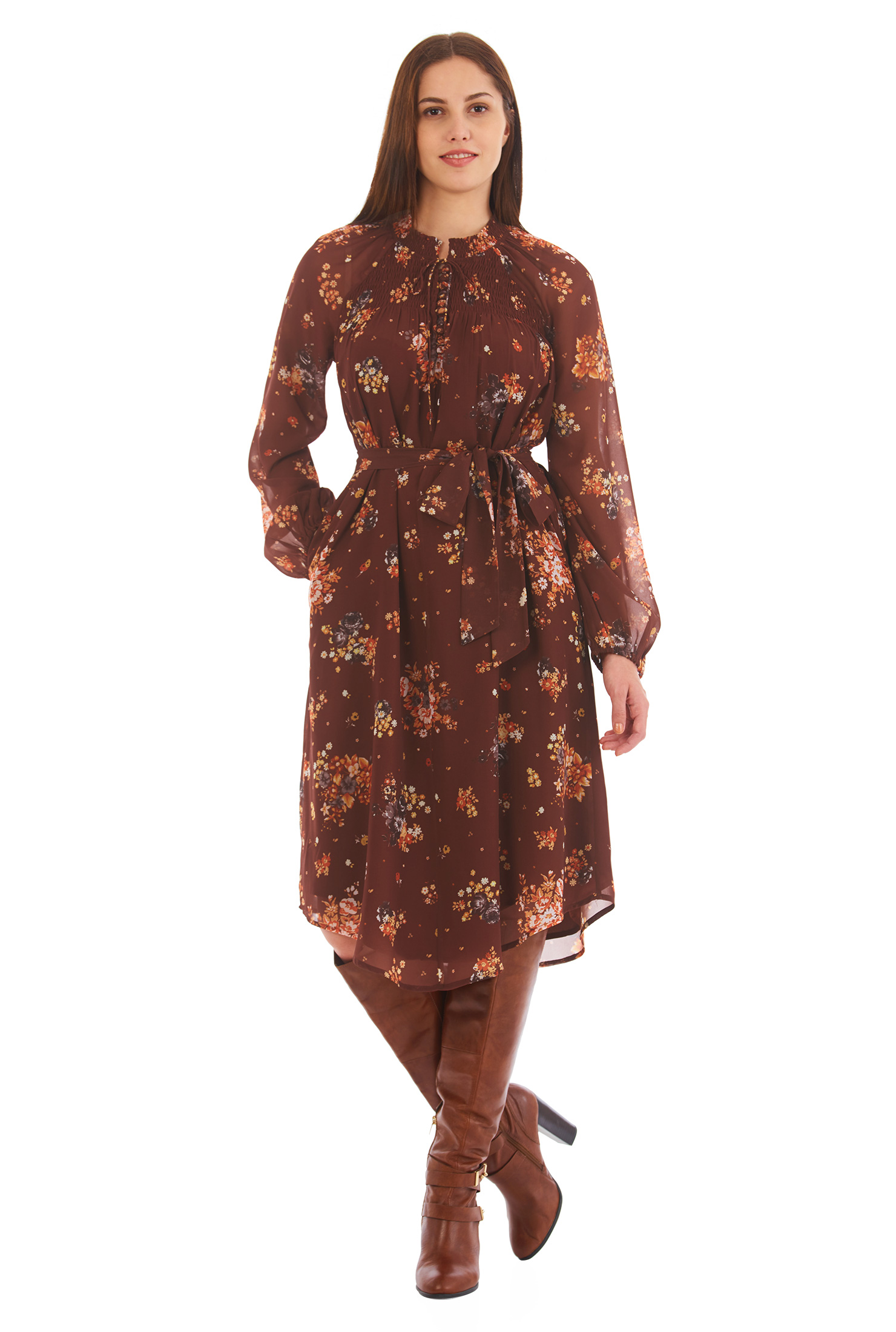 Shop Floral print smocked sash tie shift dress eShakti