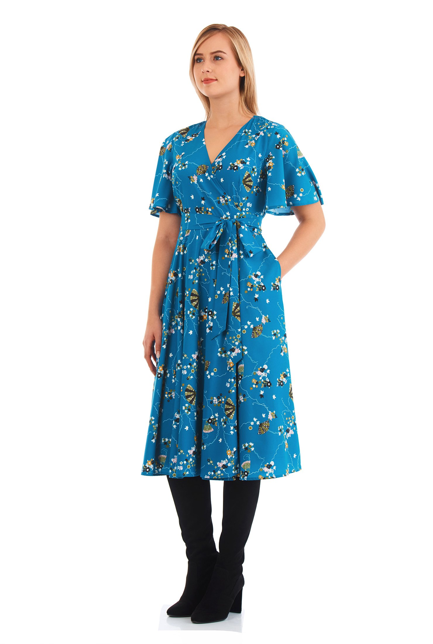 Shop Flutter sleeve floral print crepe wrap dress | eShakti