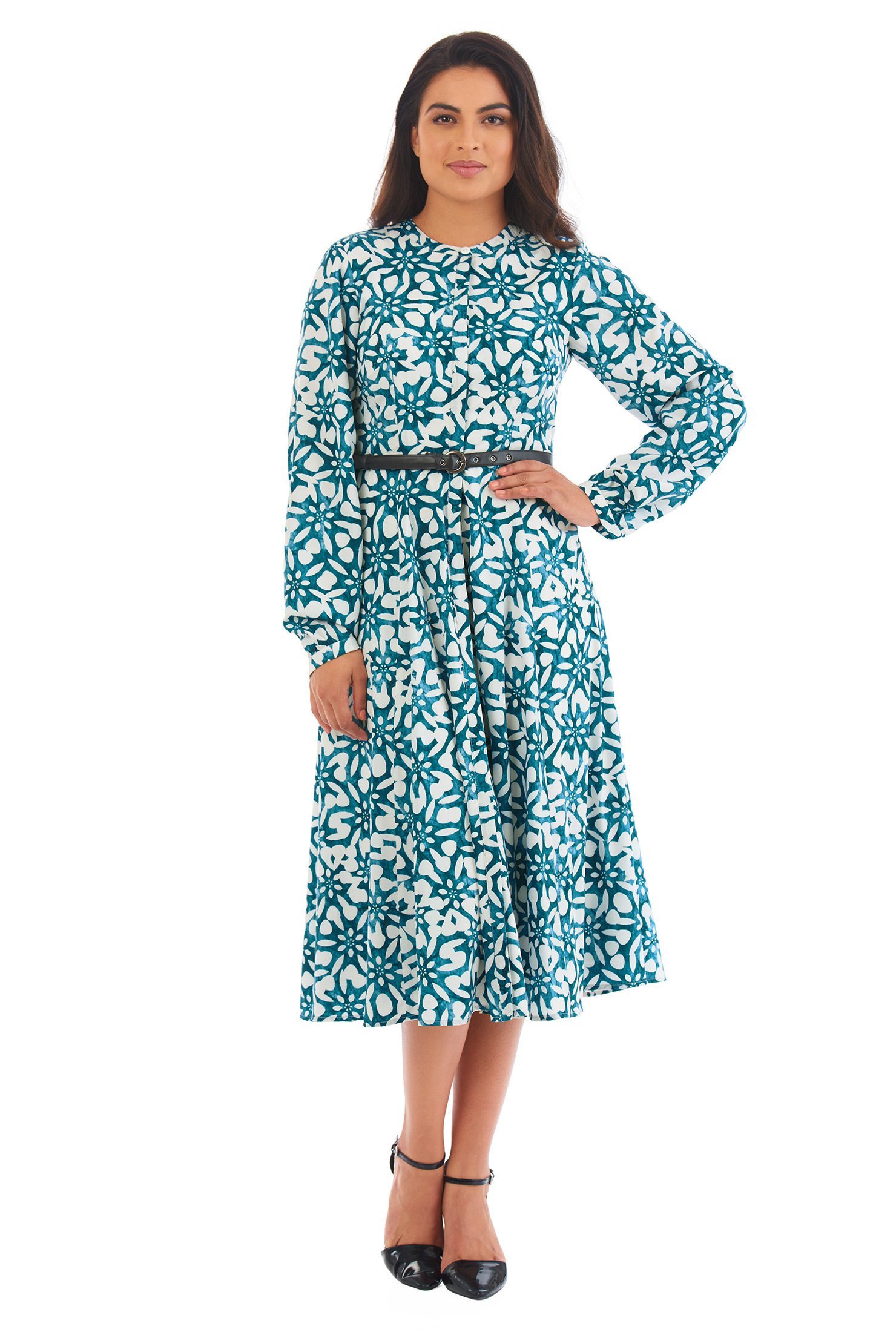 Shop Floral batik print crepe belted shirtdress | eShakti