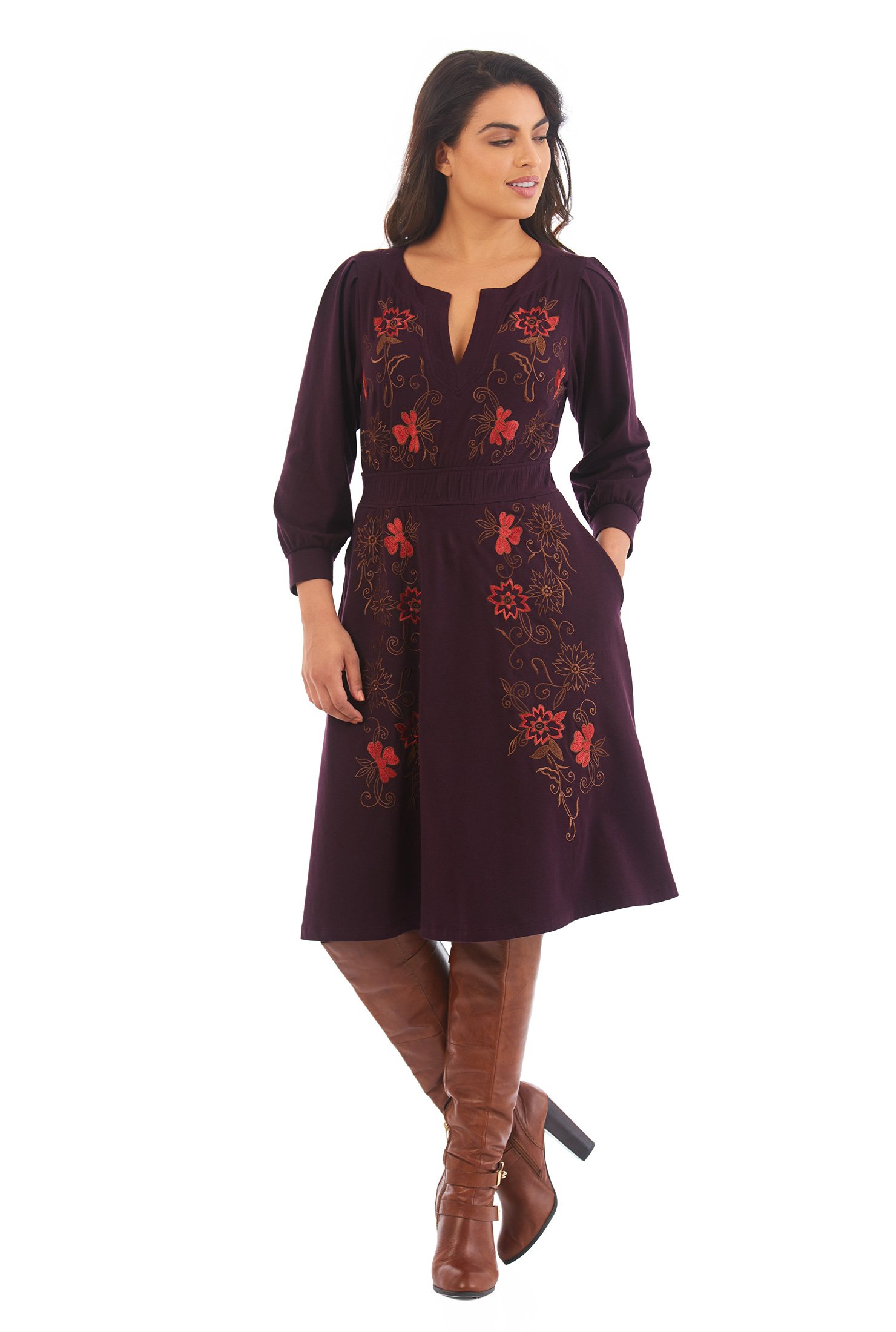 Shop Floral embellished elastic waist cotton knit dress | eShakti