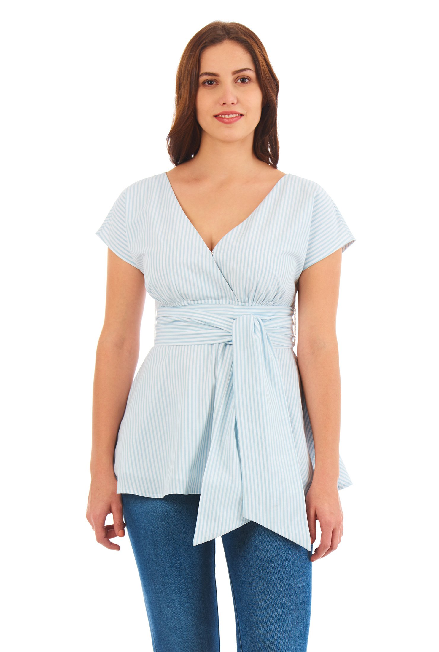 Shop Empire sash tie stripe cotton blouse | eShakti