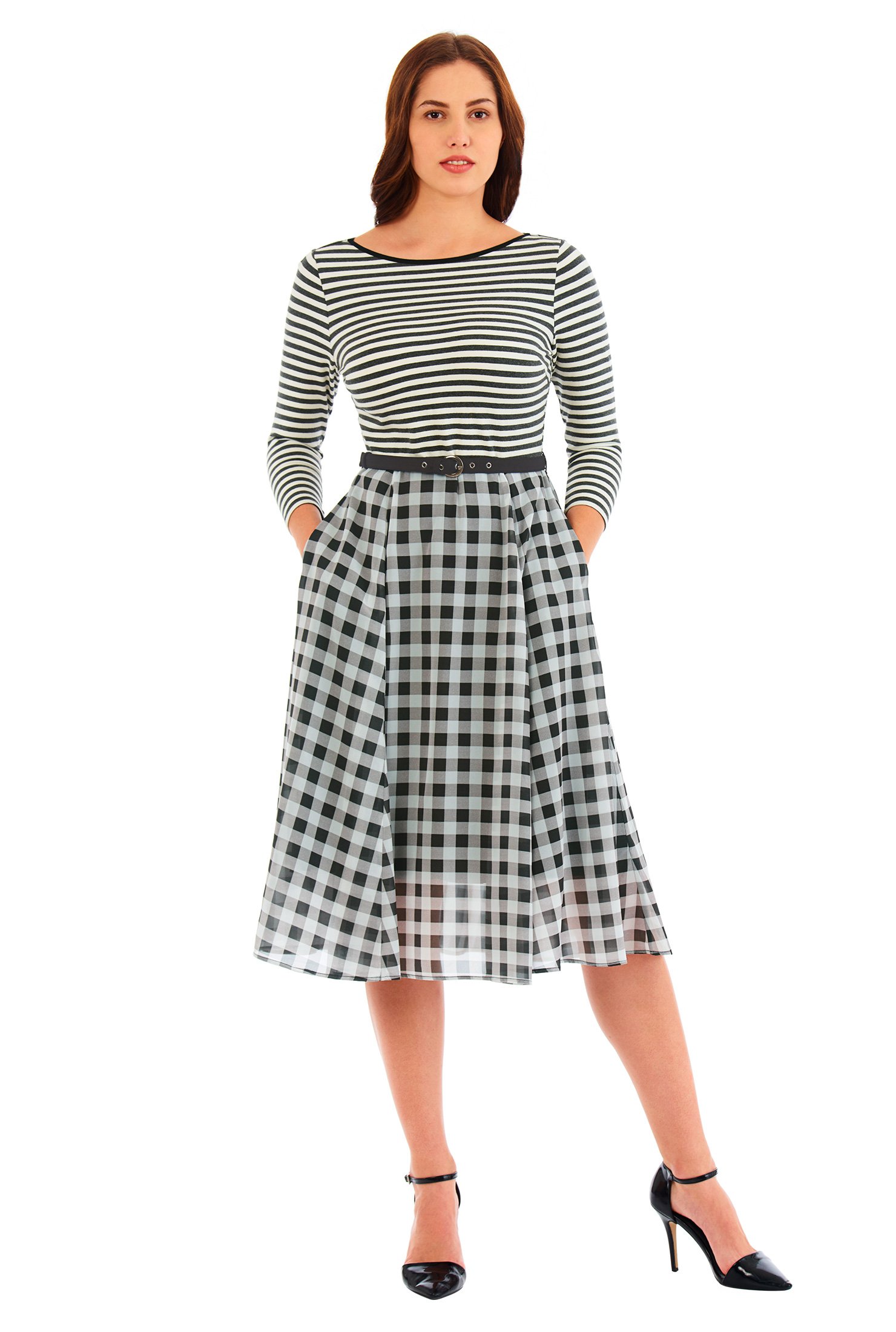 Shop Stripe knit and check print georgette belted dress | eShakti