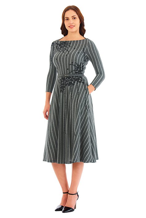 Shop Floral embellished stripe cotton knit belted dress | eShakti