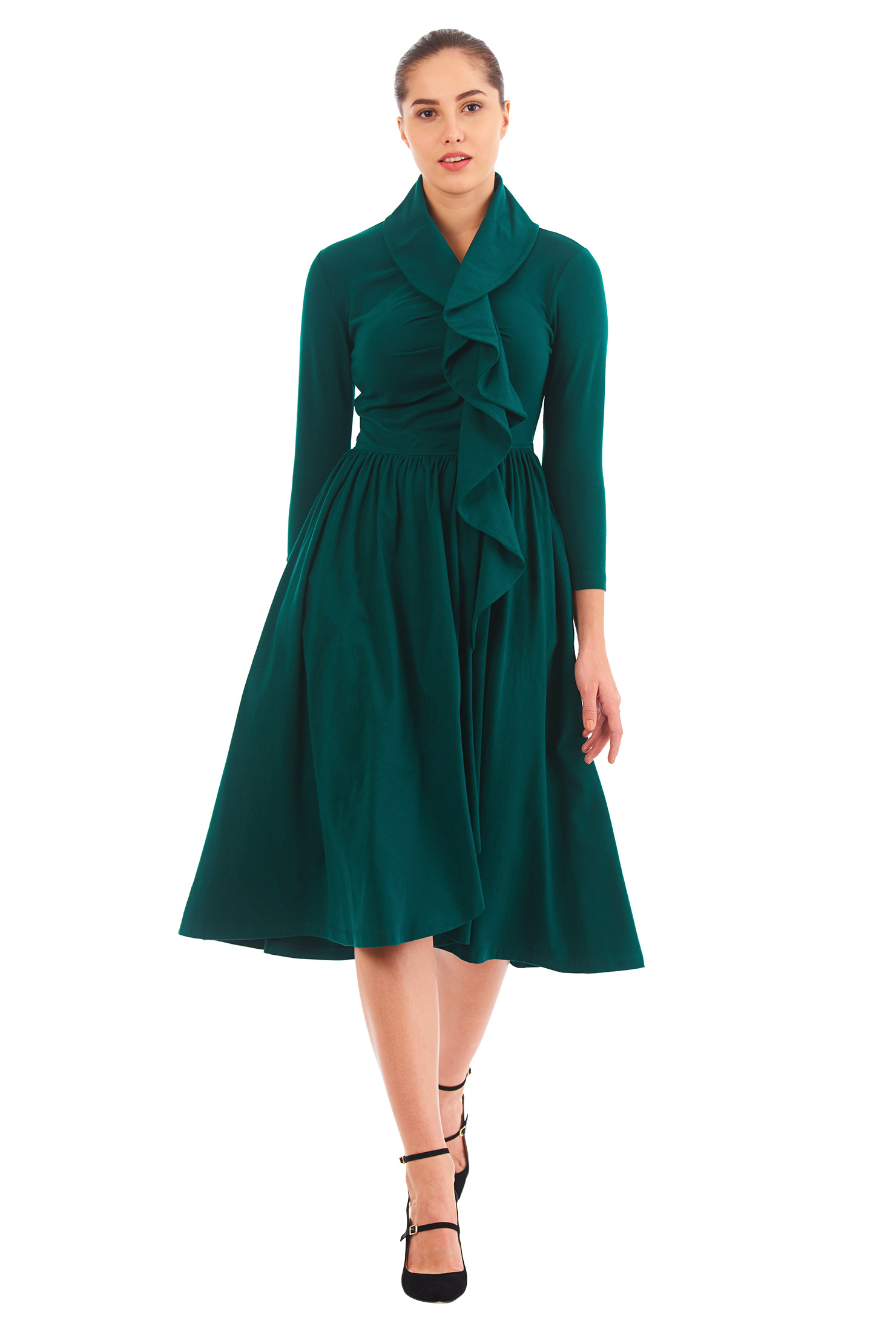 Shop Ruffle front zip cotton knit dress eShakti