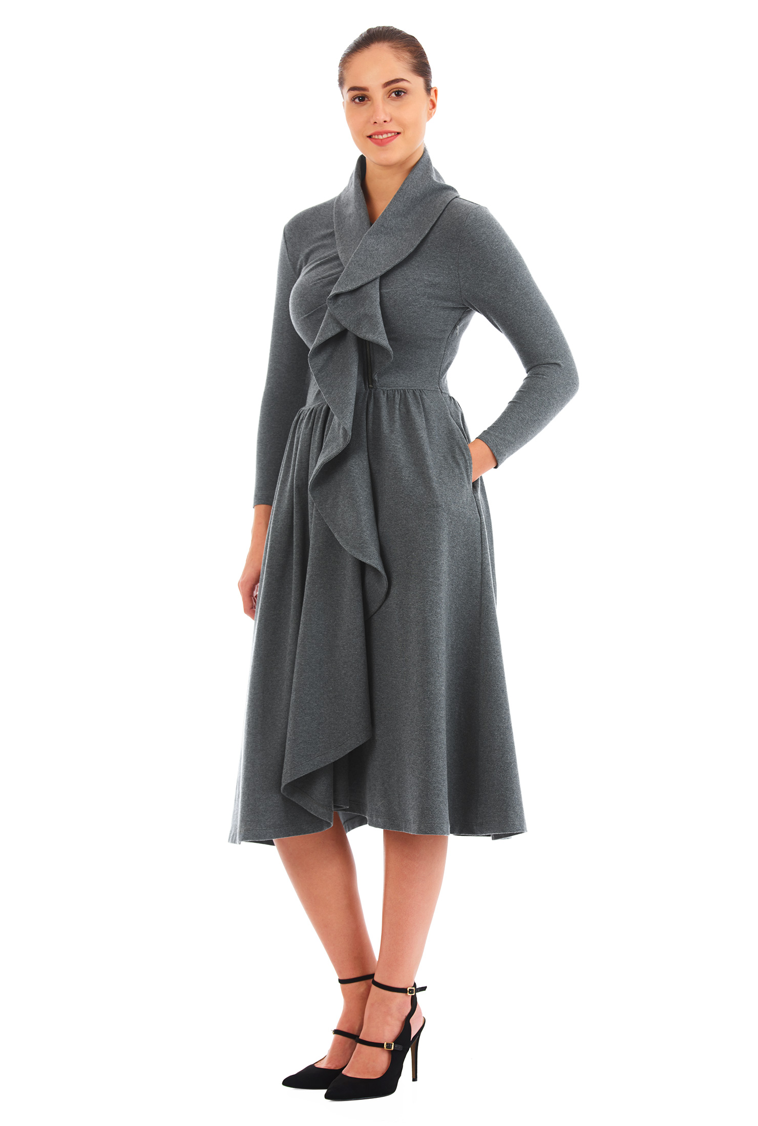 Shop Ruffle front zip cotton knit dress eShakti