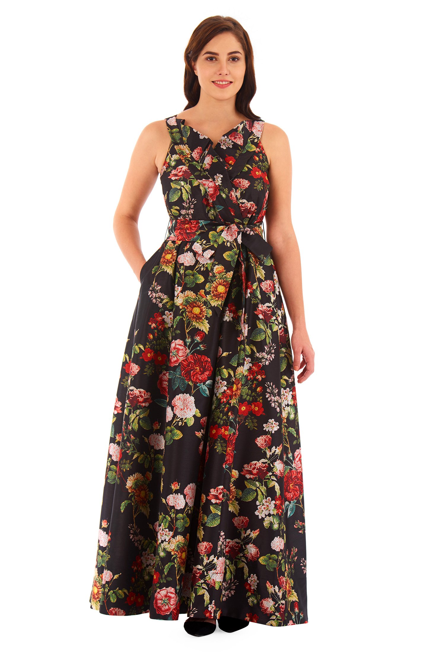 Shop Ruffle surplice floral print dupioni maxi dress | eShakti