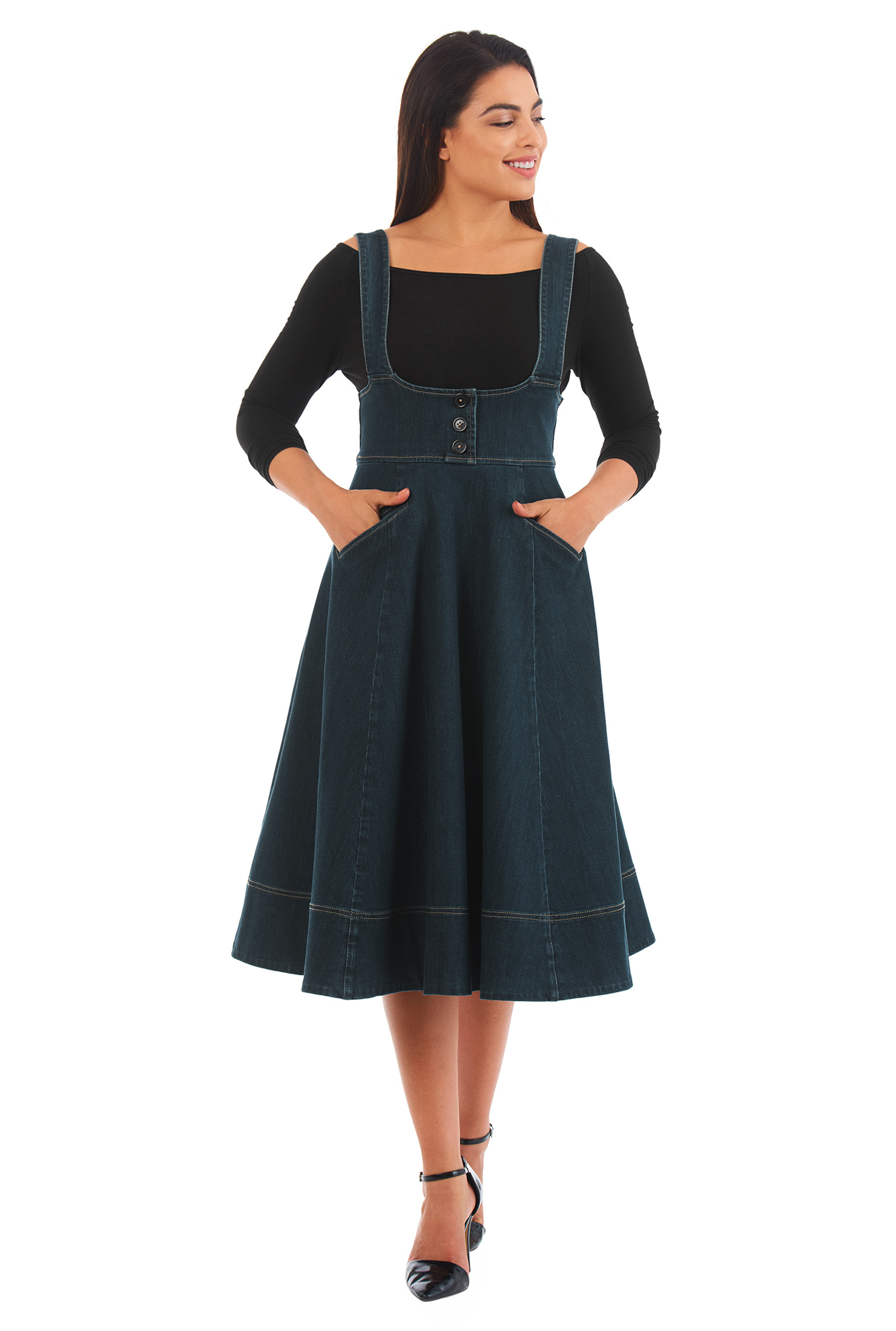 Shop Deep indigo denim button jumper dress eShakti