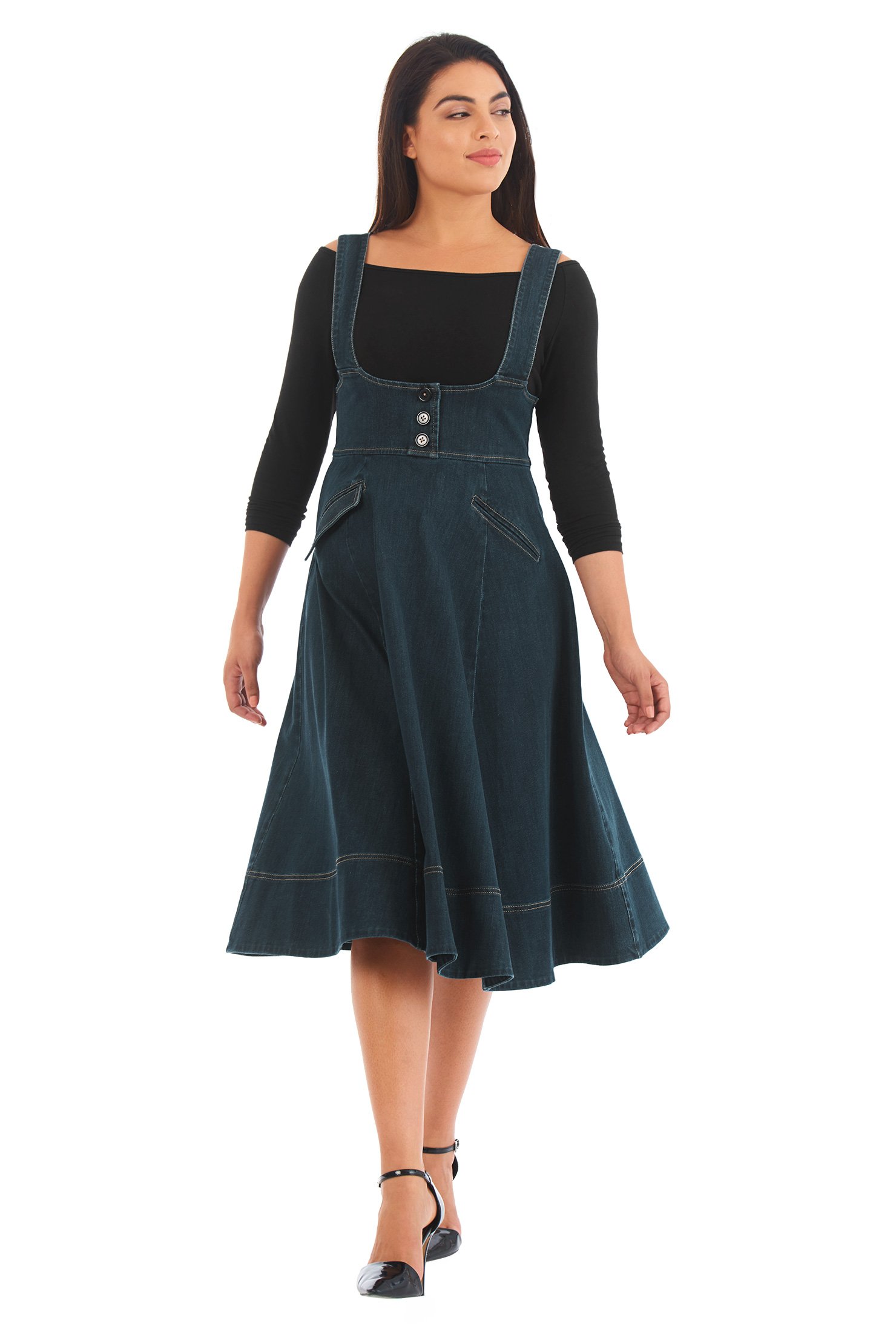 Shop Deep indigo denim button jumper dress eShakti