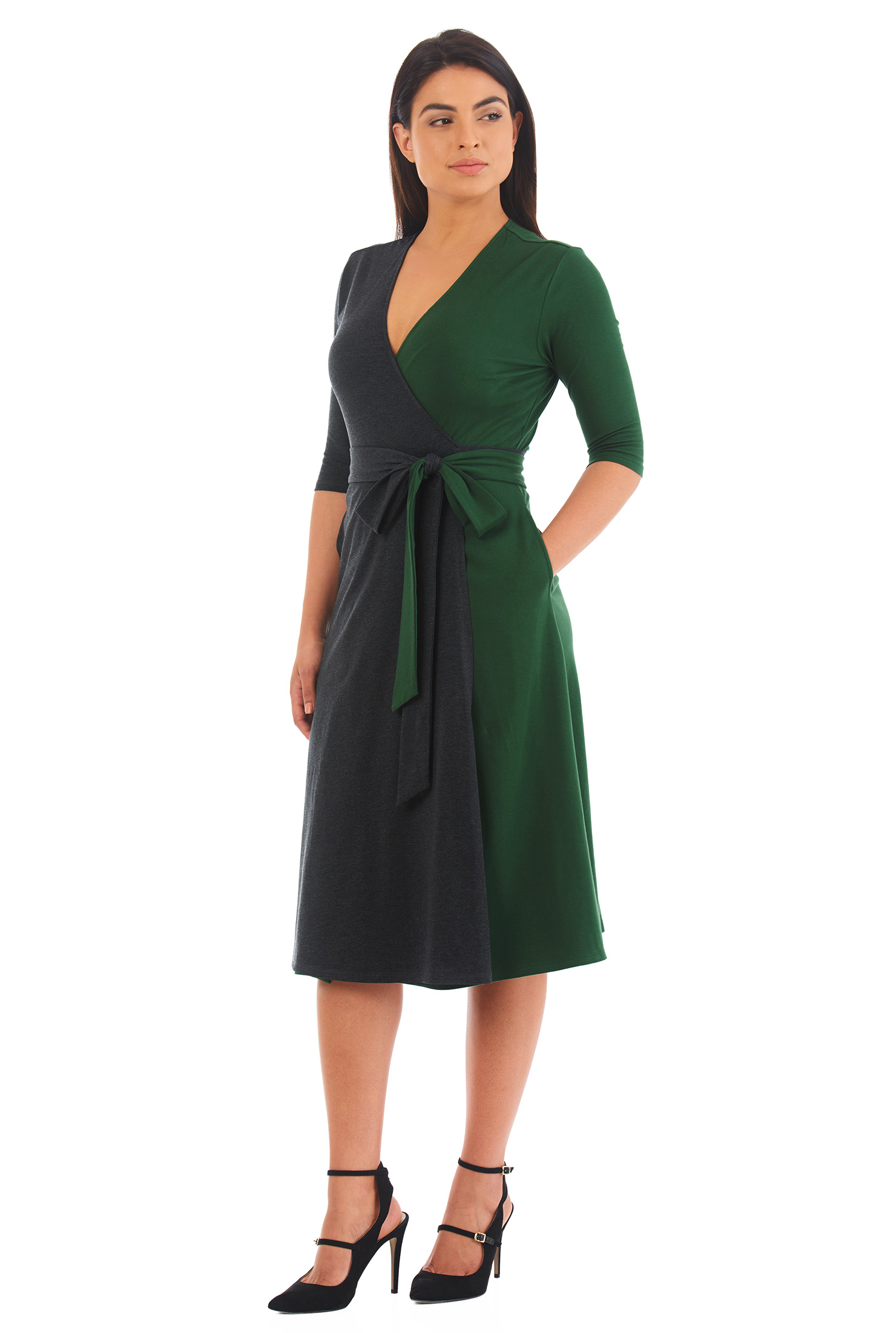 Shop Colorblock cotton knit wrap dress eShakti