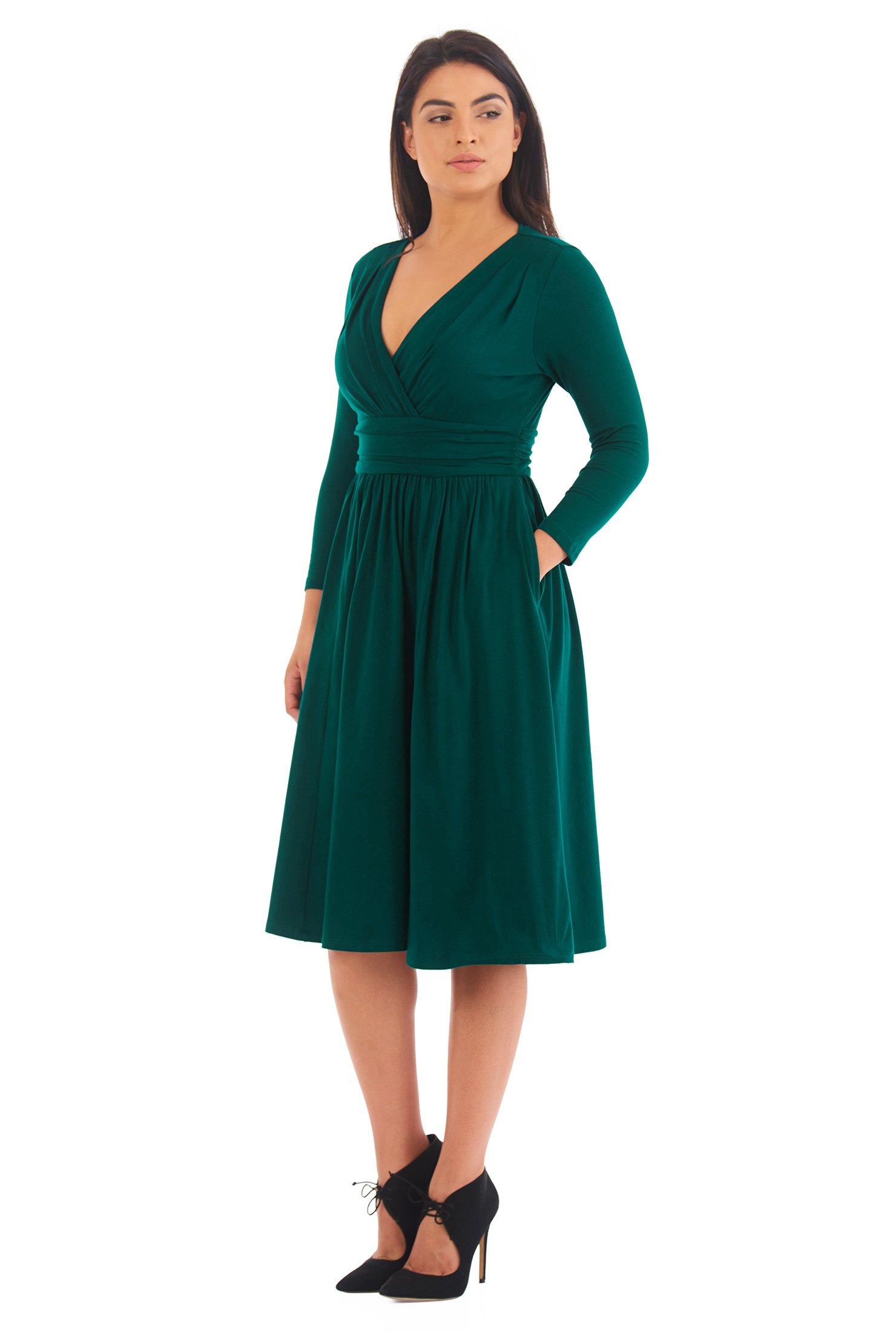 Shop Pleated surplice cotton knit dress eShakti