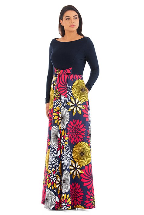 Shop Tie front floral print mixed media maxi dress | eShakti