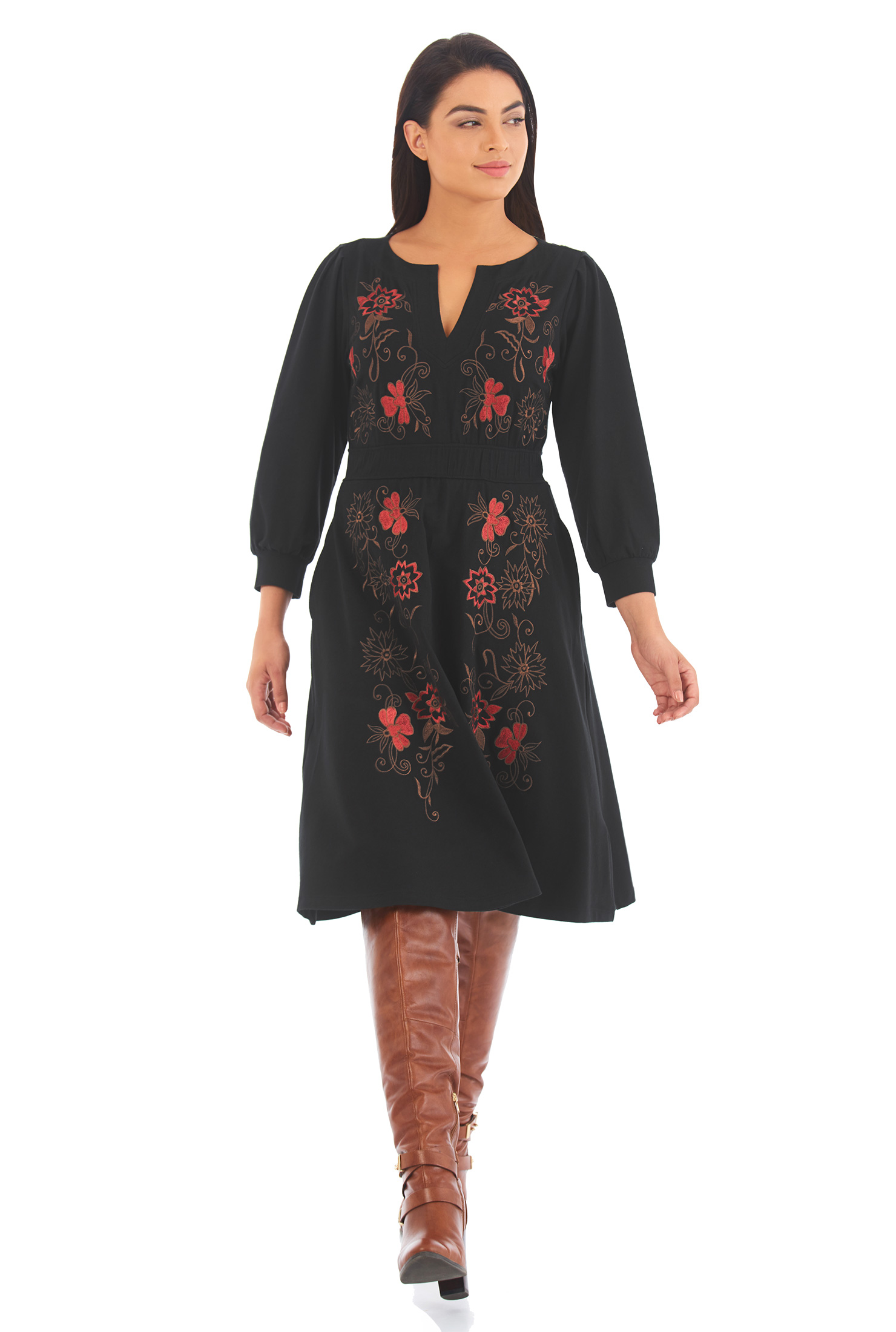 Shop Floral embellished elastic waist cotton knit dress eShakti