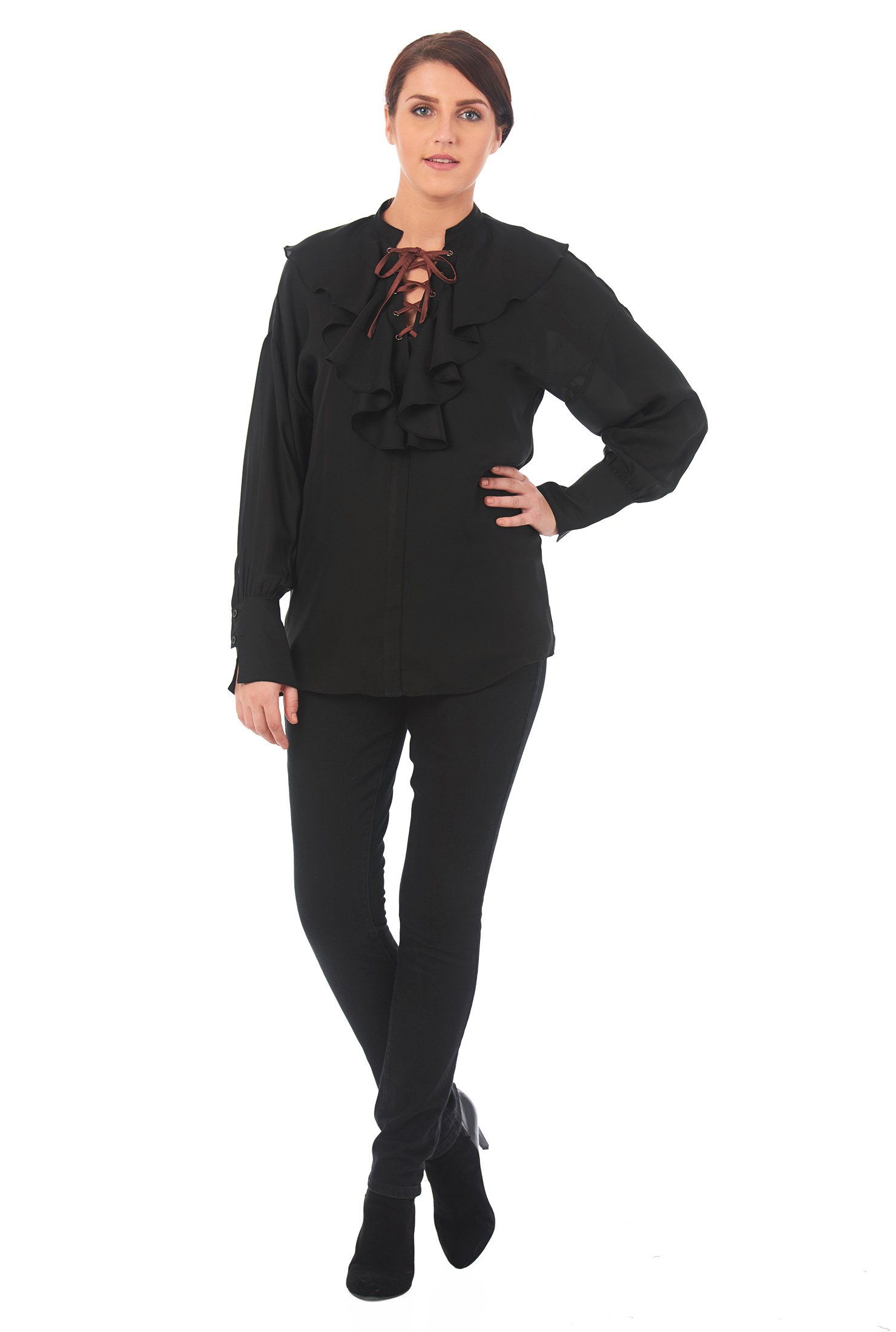 Shop Lace-up ruffle crepe satin shirt | eShakti