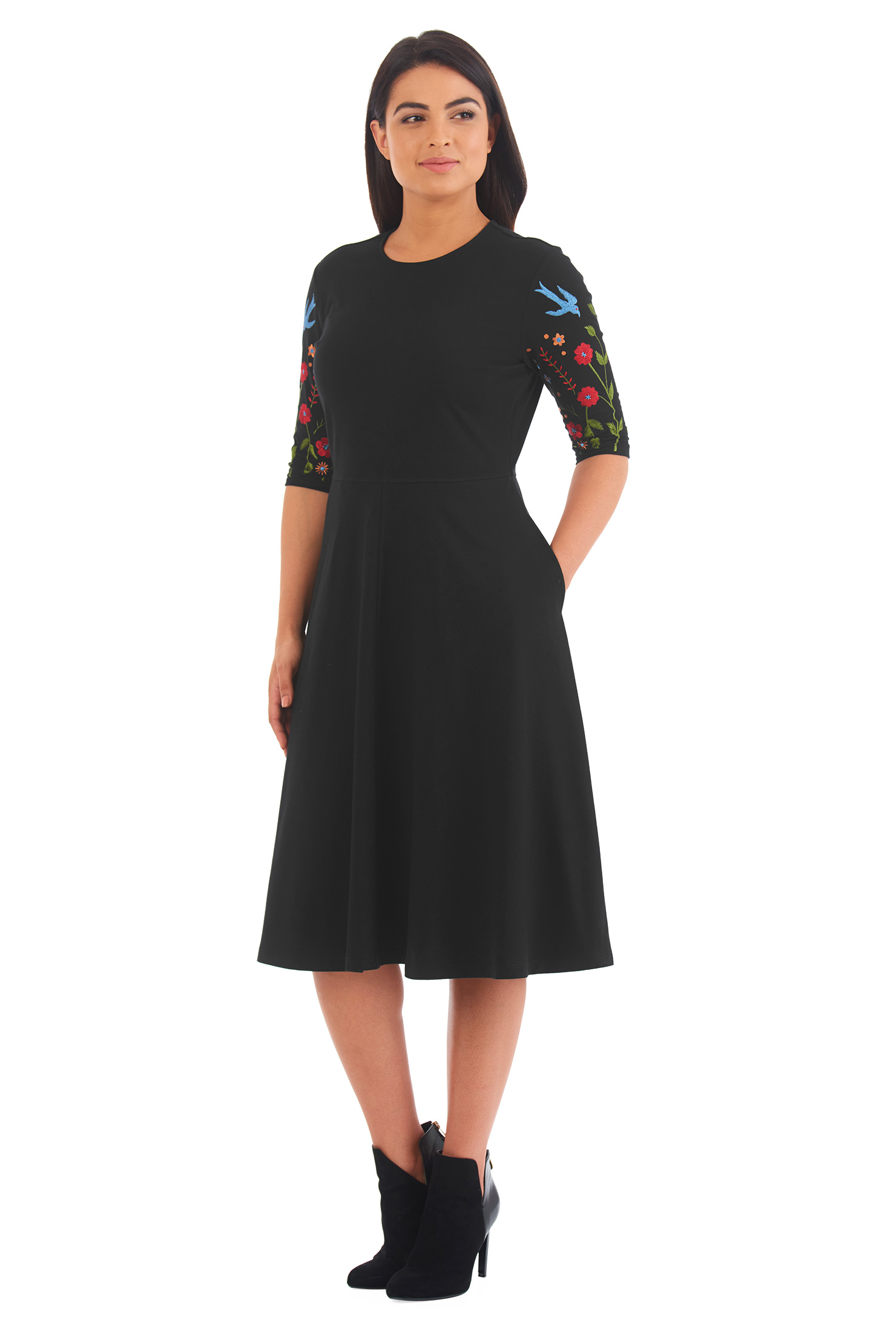 Shop Floral embellished sleeve cotton knit dress eShakti