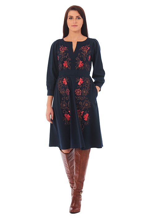 Shop Floral embellished elastic waist cotton knit dress | eShakti