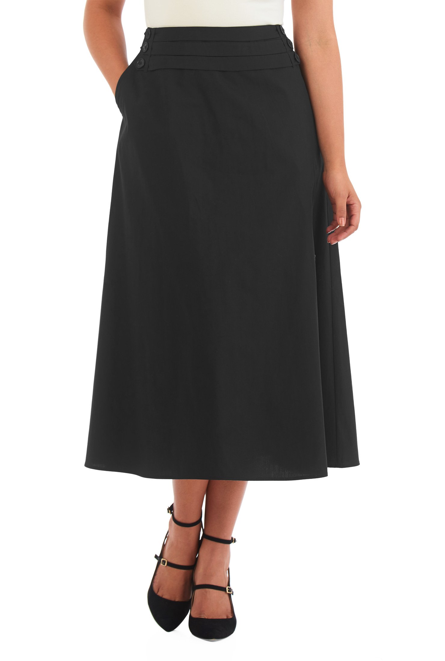 Shop Side button pleat waist cotton poplin midi skirt | eShakti
