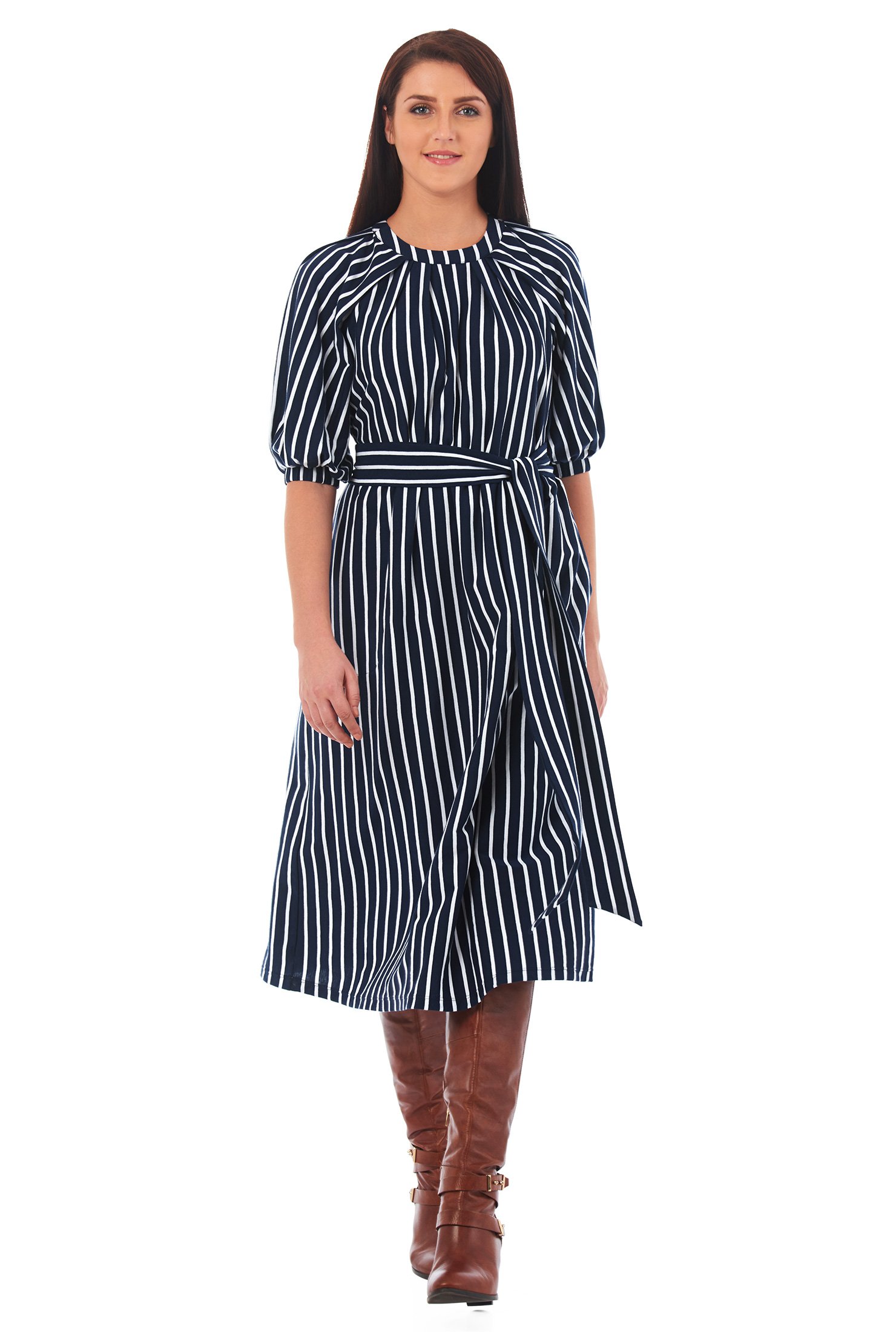 Shop Ruched stripe cotton knit swing dress | eShakti