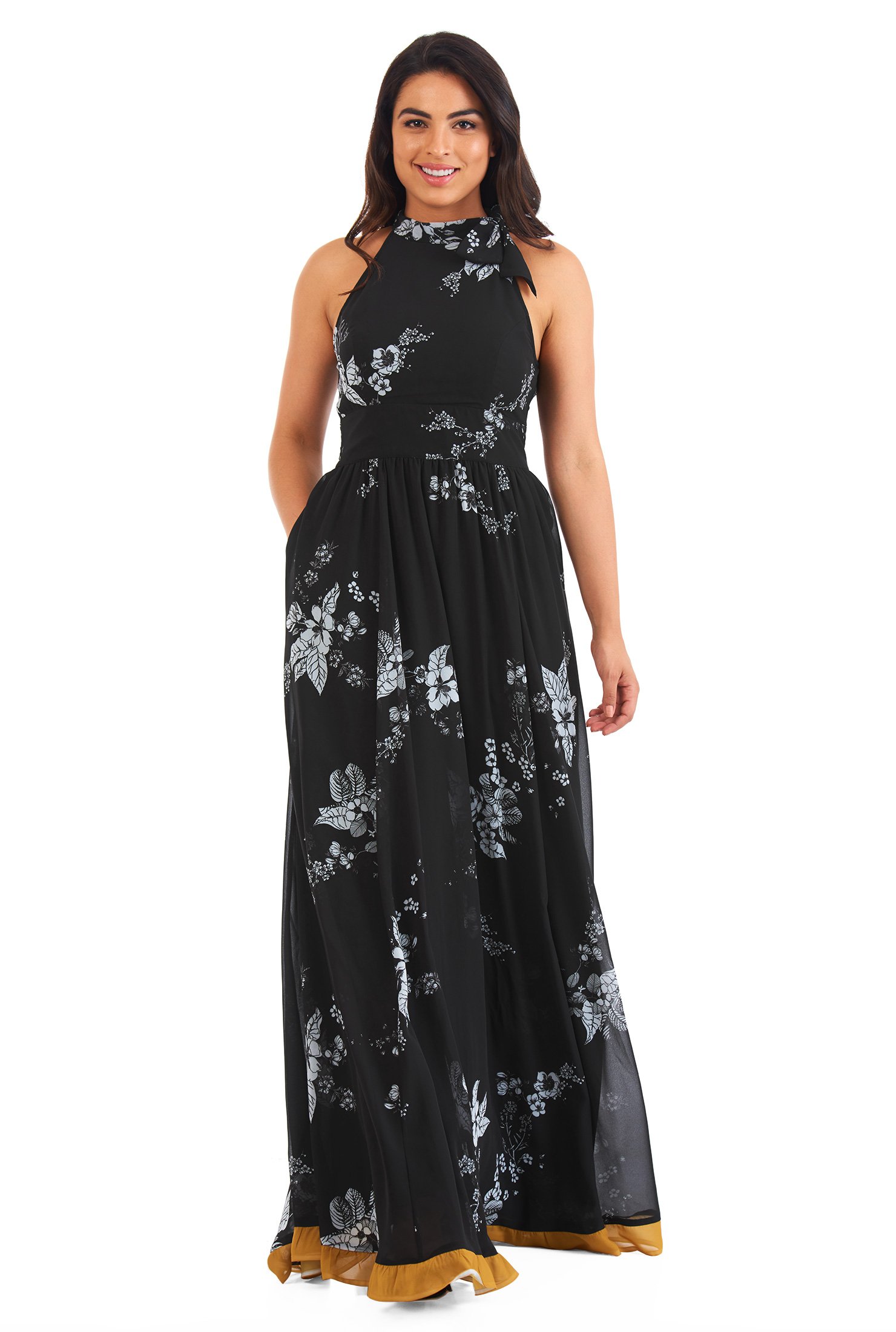 Shop Floral print georgette halterneck maxi dress | eShakti