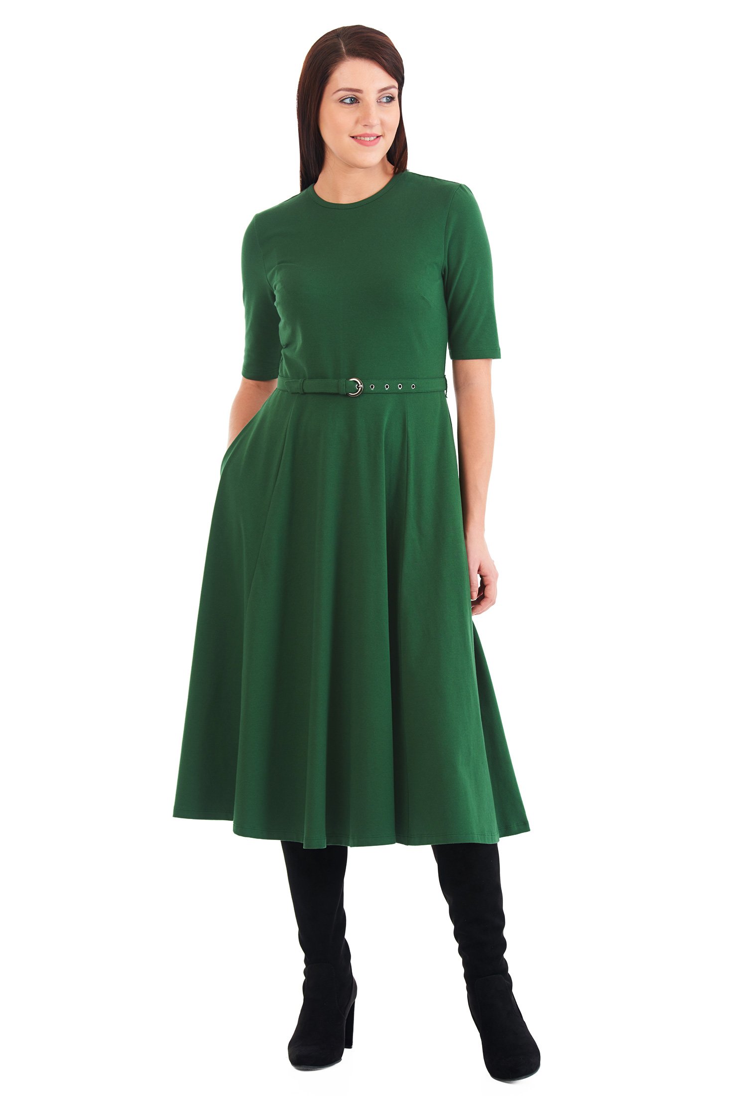 Shop Cotton knit belted midi dress | eShakti