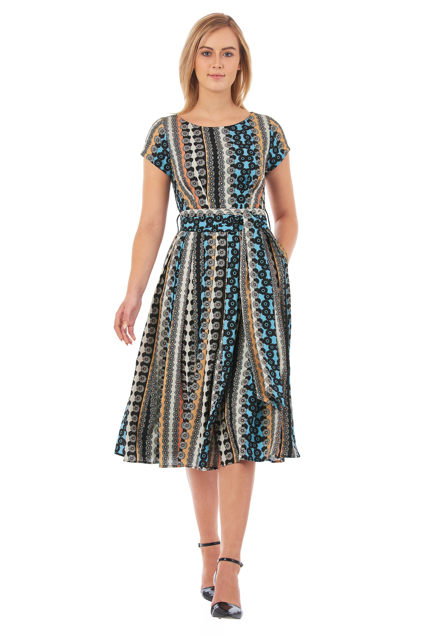 Shop Linear graphic print crepe sash tie dress | eShakti